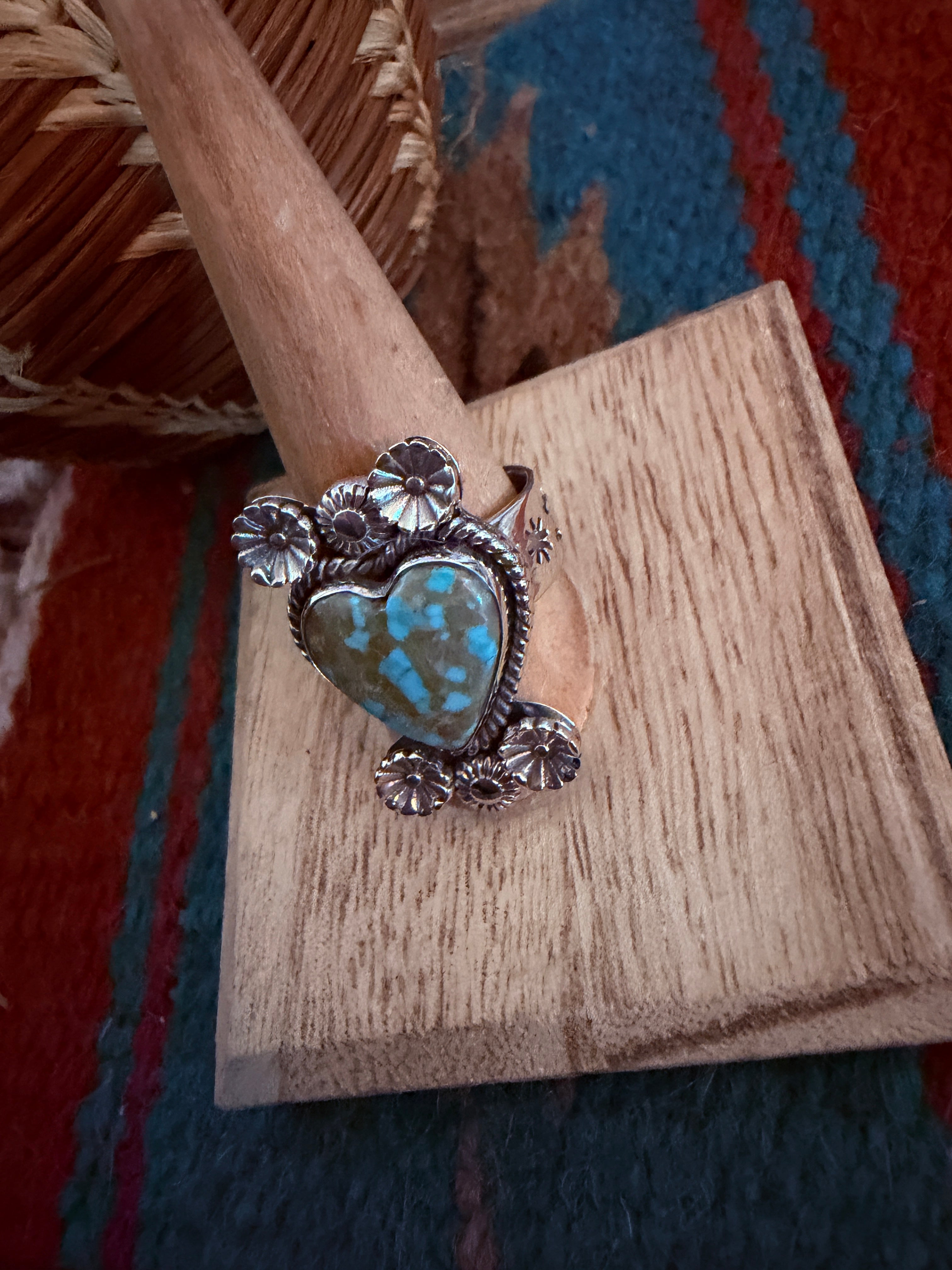 Handmade Sterling Silver Number 8 Turquoise Adjustable Heart Ring Signed Nizhoni