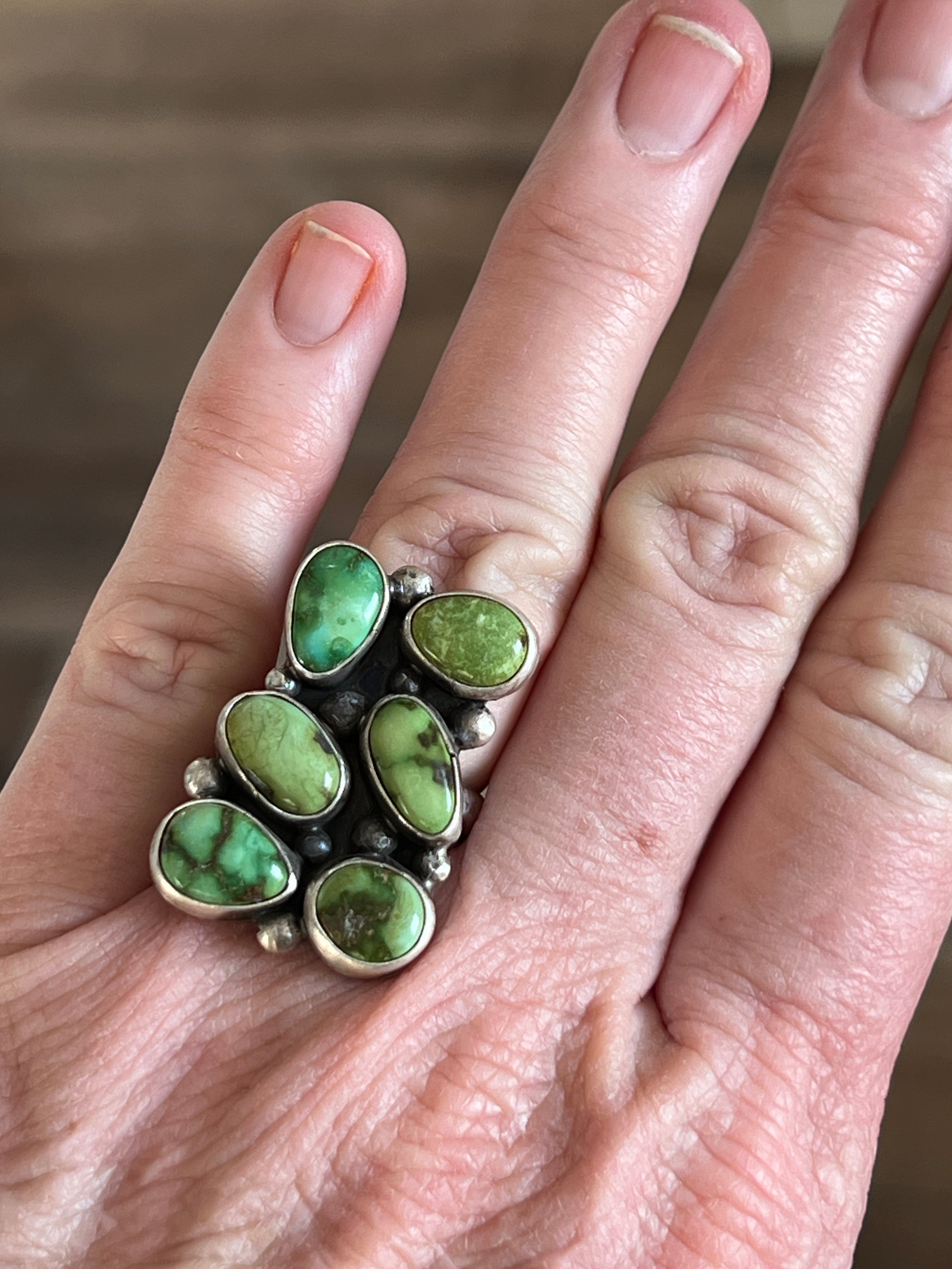 Handcrafted Sterling Silver and Sonoran Gold Turquoise Cluster Rings by Travis Jim, Size 8