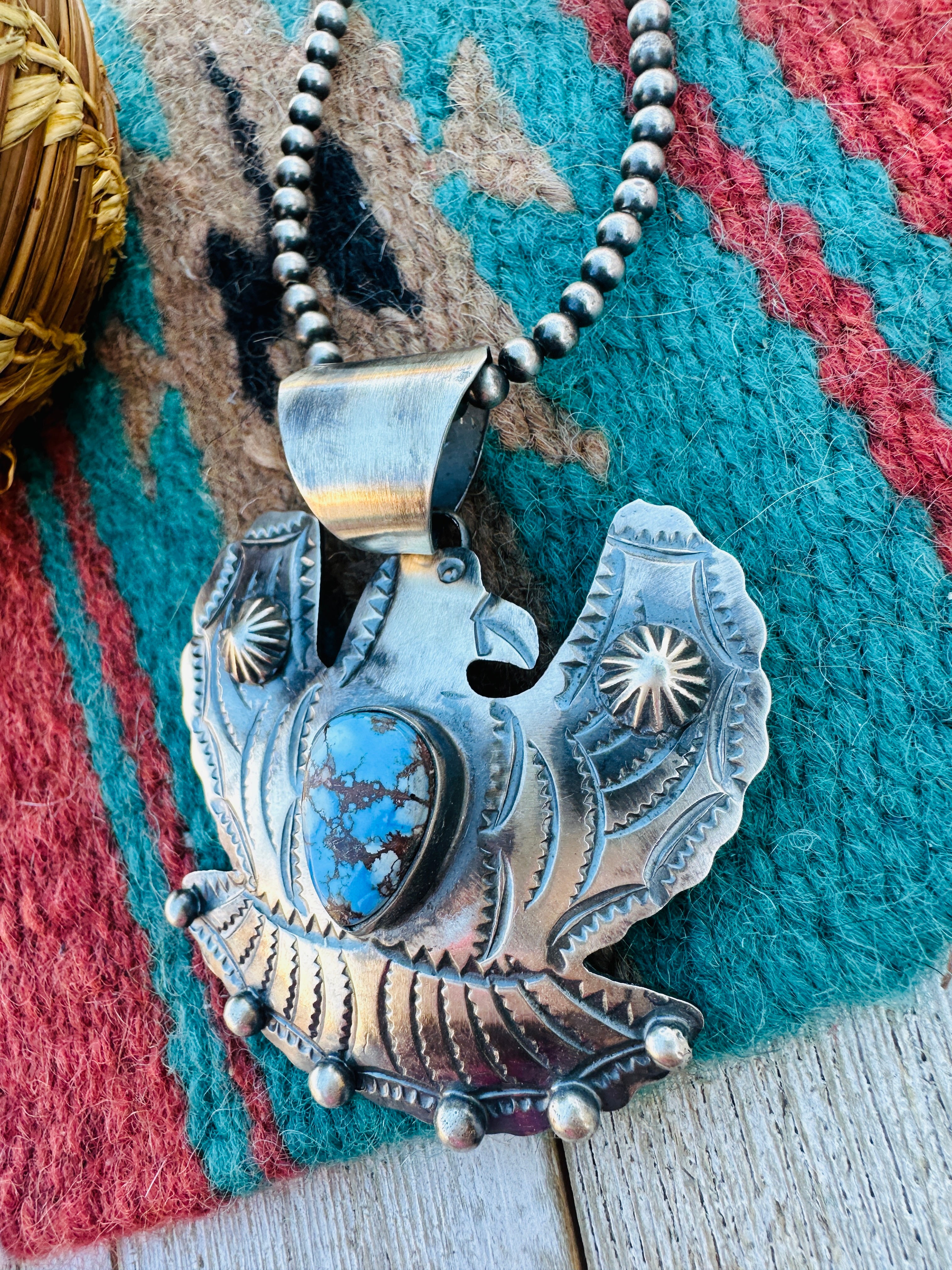 Handcrafted Sterling Silver & Golden Hills Turquoise Thunderbird Pendant by Chimney Butte
