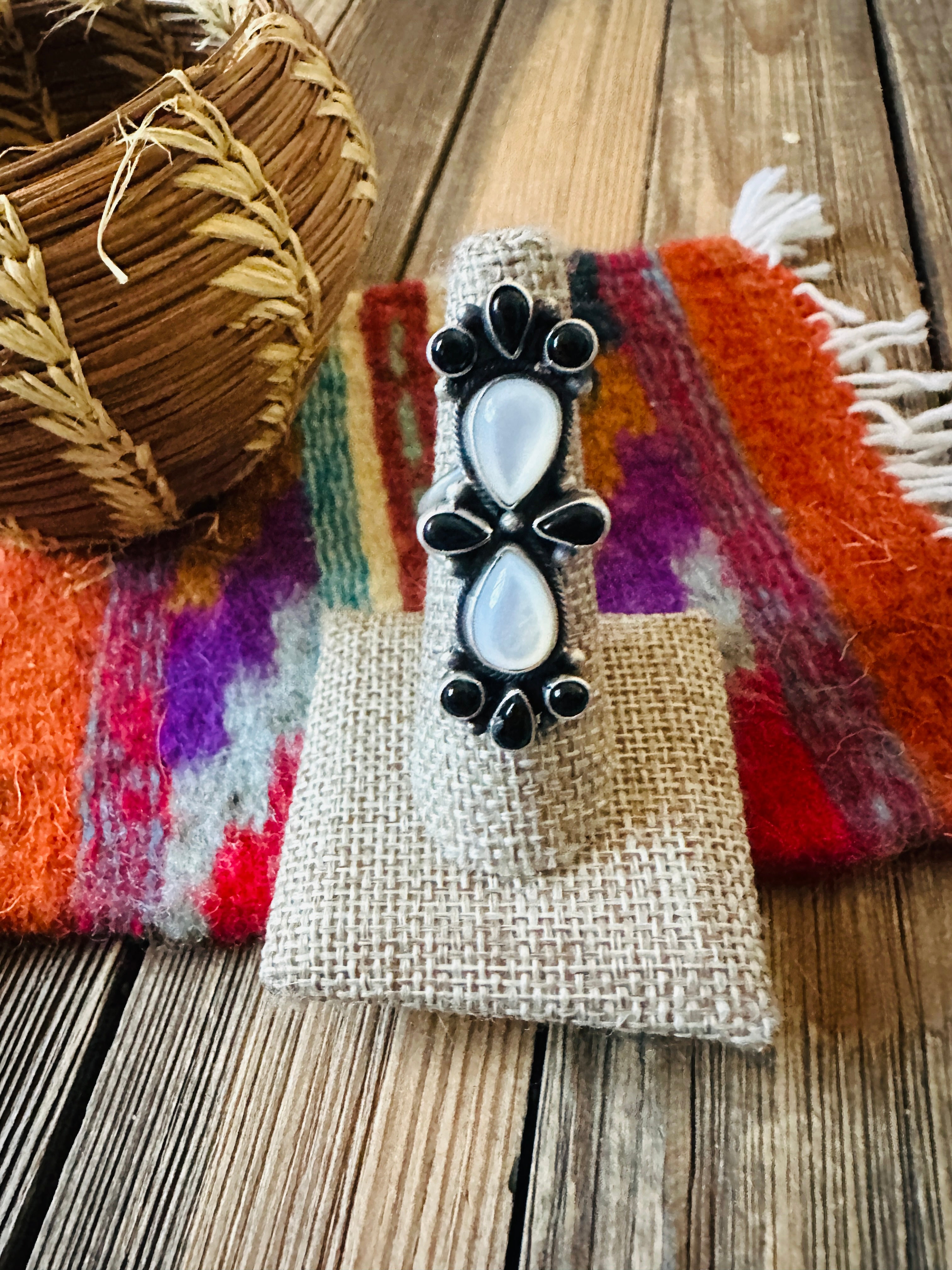 Handcrafted Onyx, Mother of Pearl & Sterling Silver Adjustable Ring by Sheila Becenti