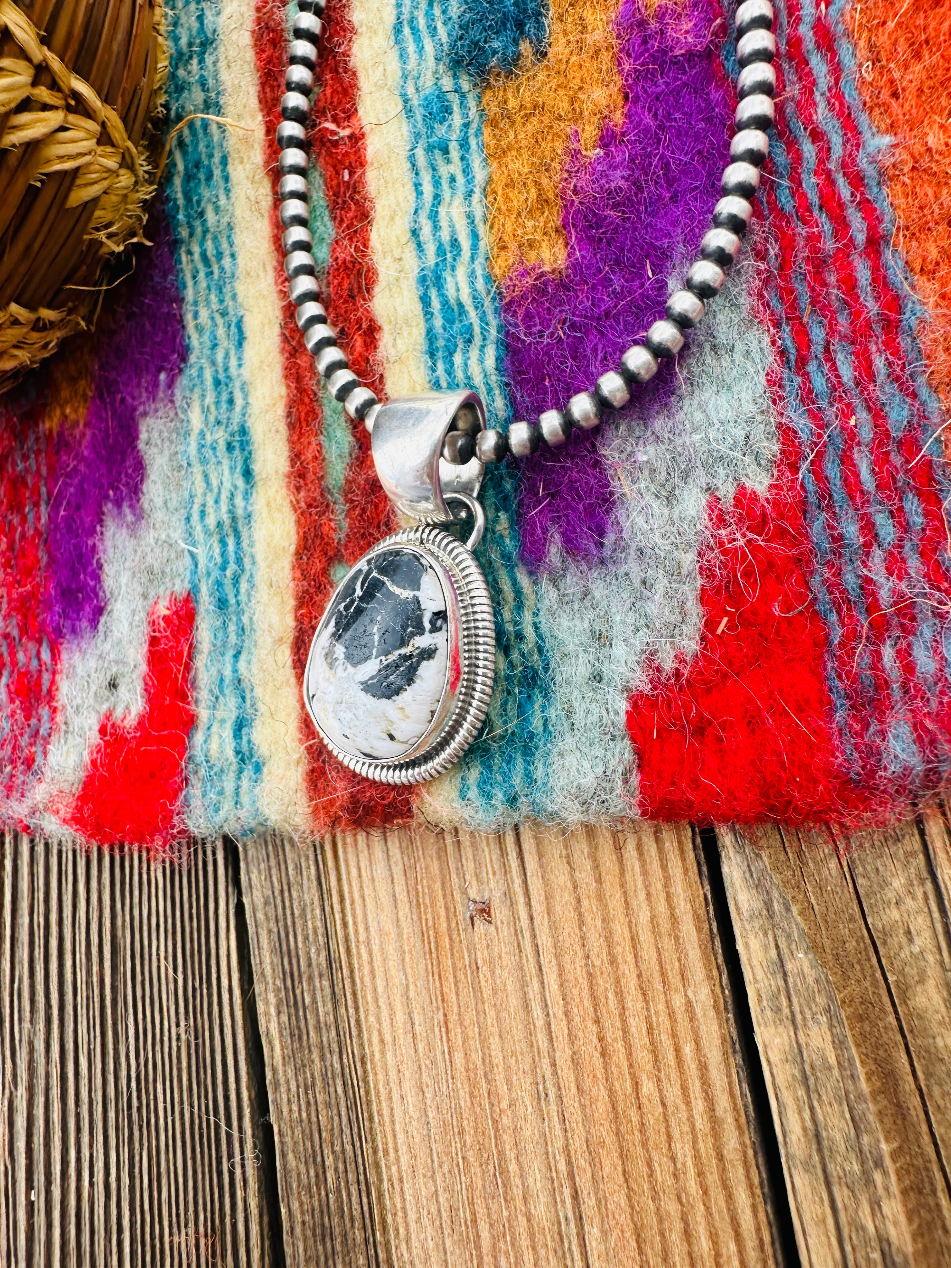 Handcrafted Sterling Silver & White Buffalo Pendant by Wydell Billie