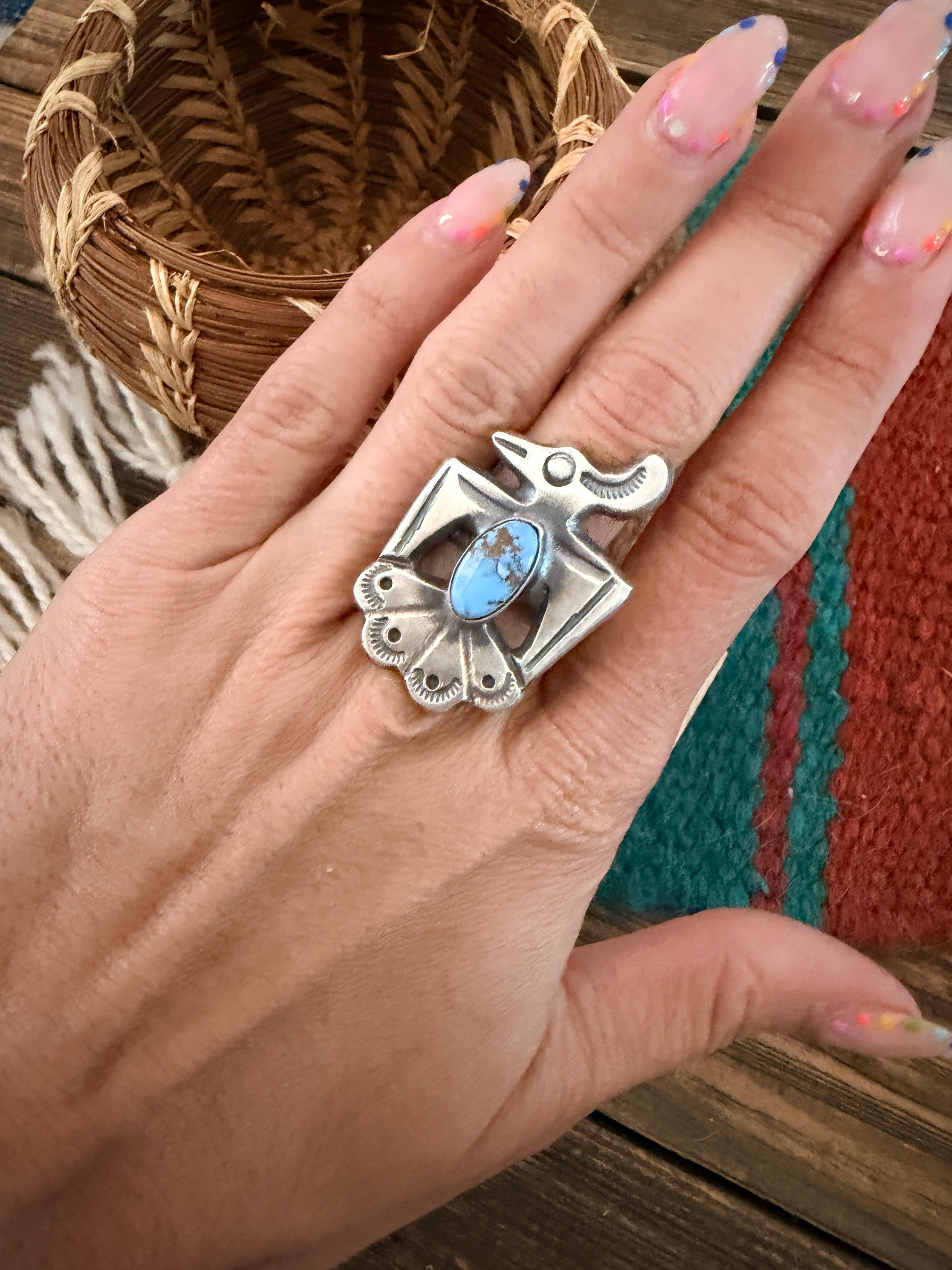 Handcrafted Golden Hills Turquoise and Sterling Silver Thunderbird Ring size 8.5 by Chimney Butte