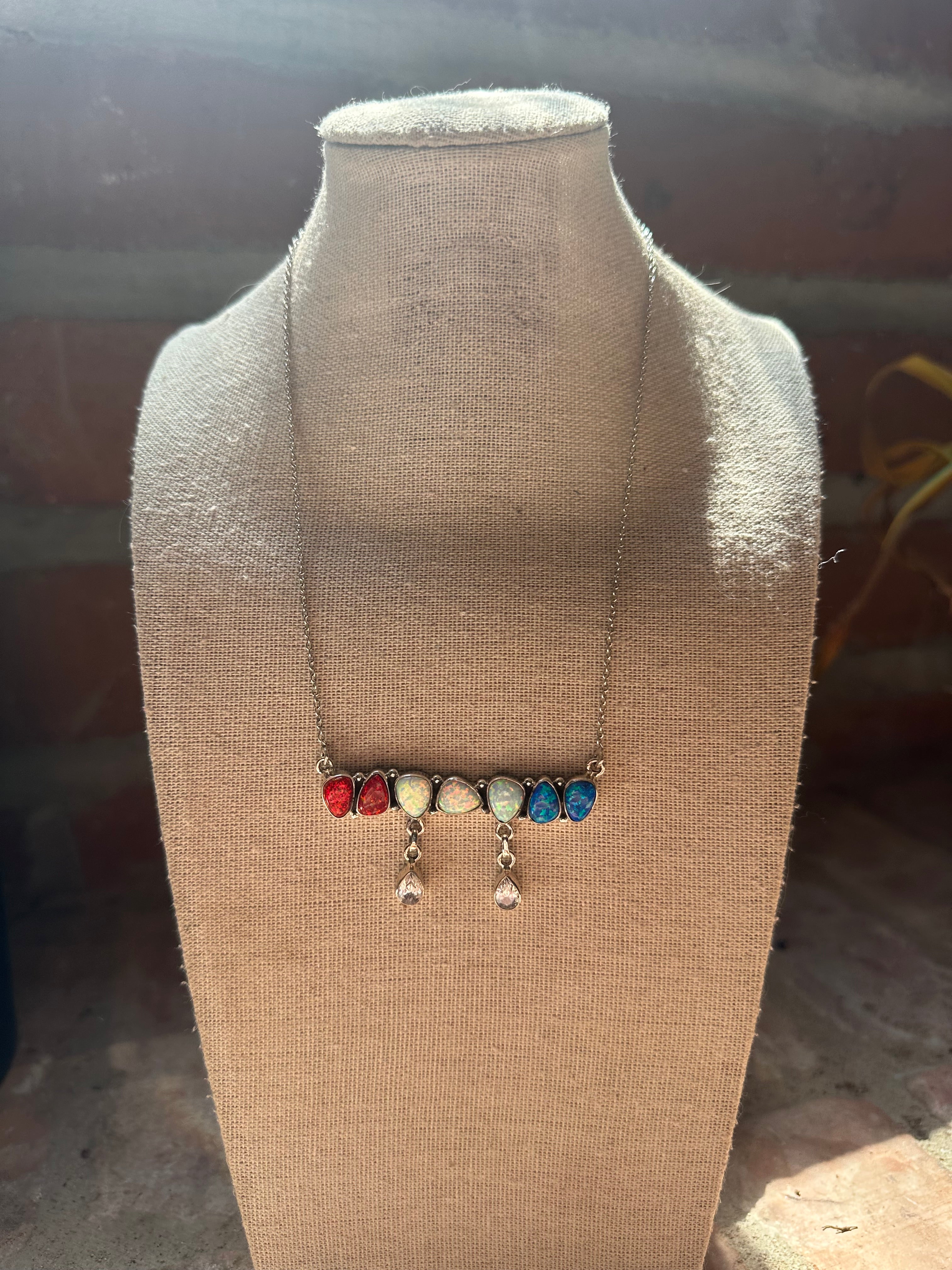 4th Of July Collection Handmade Sterling Silver & Red, White & Blue Fire Opal Cluster Necklace