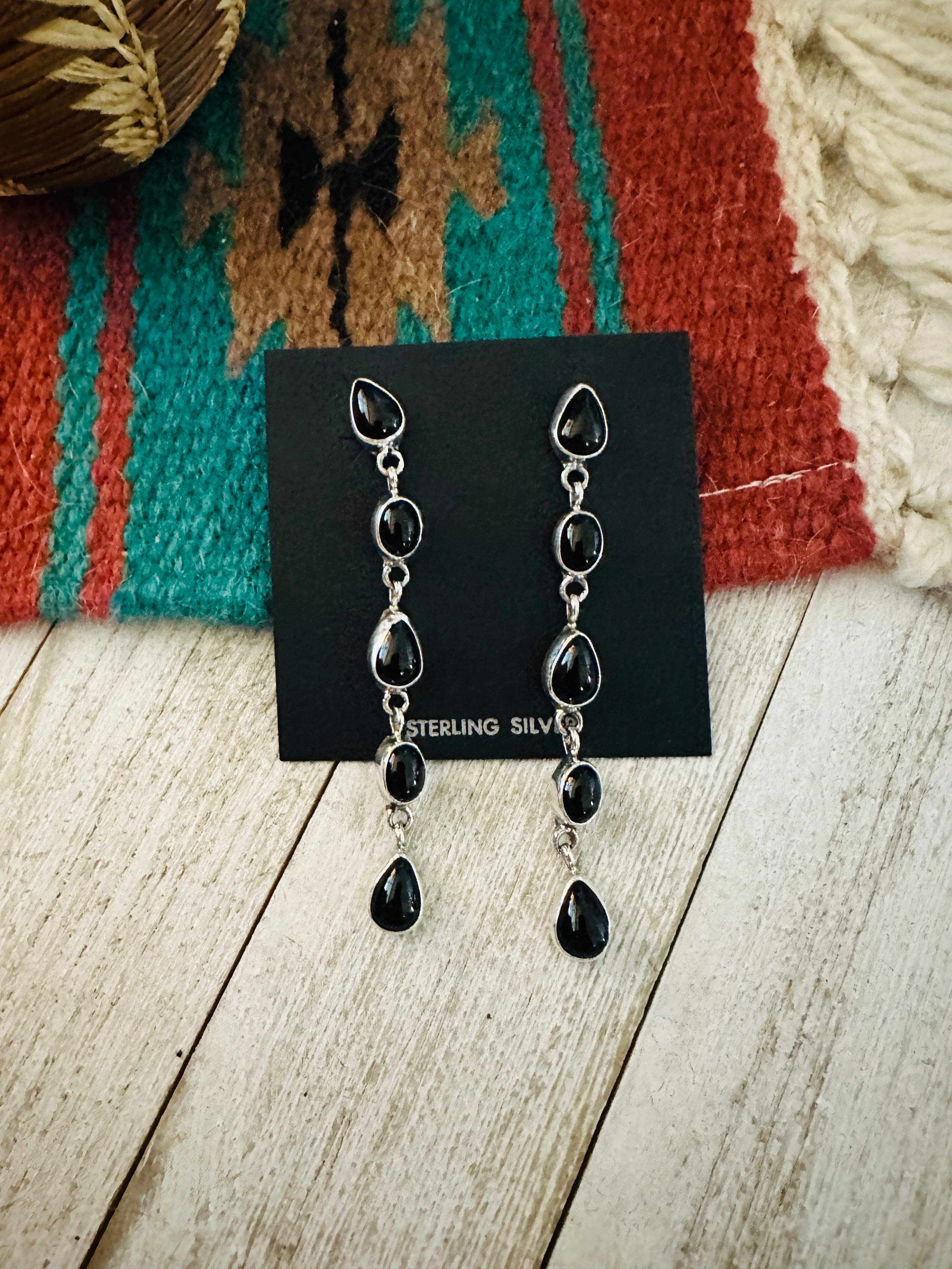 Navajo Onyx & Sterling Silver Dangle Earrings