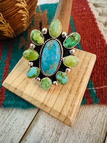 Handcrafted Sterling Silver & Multi Turquoise Cluster Adjustable Ring