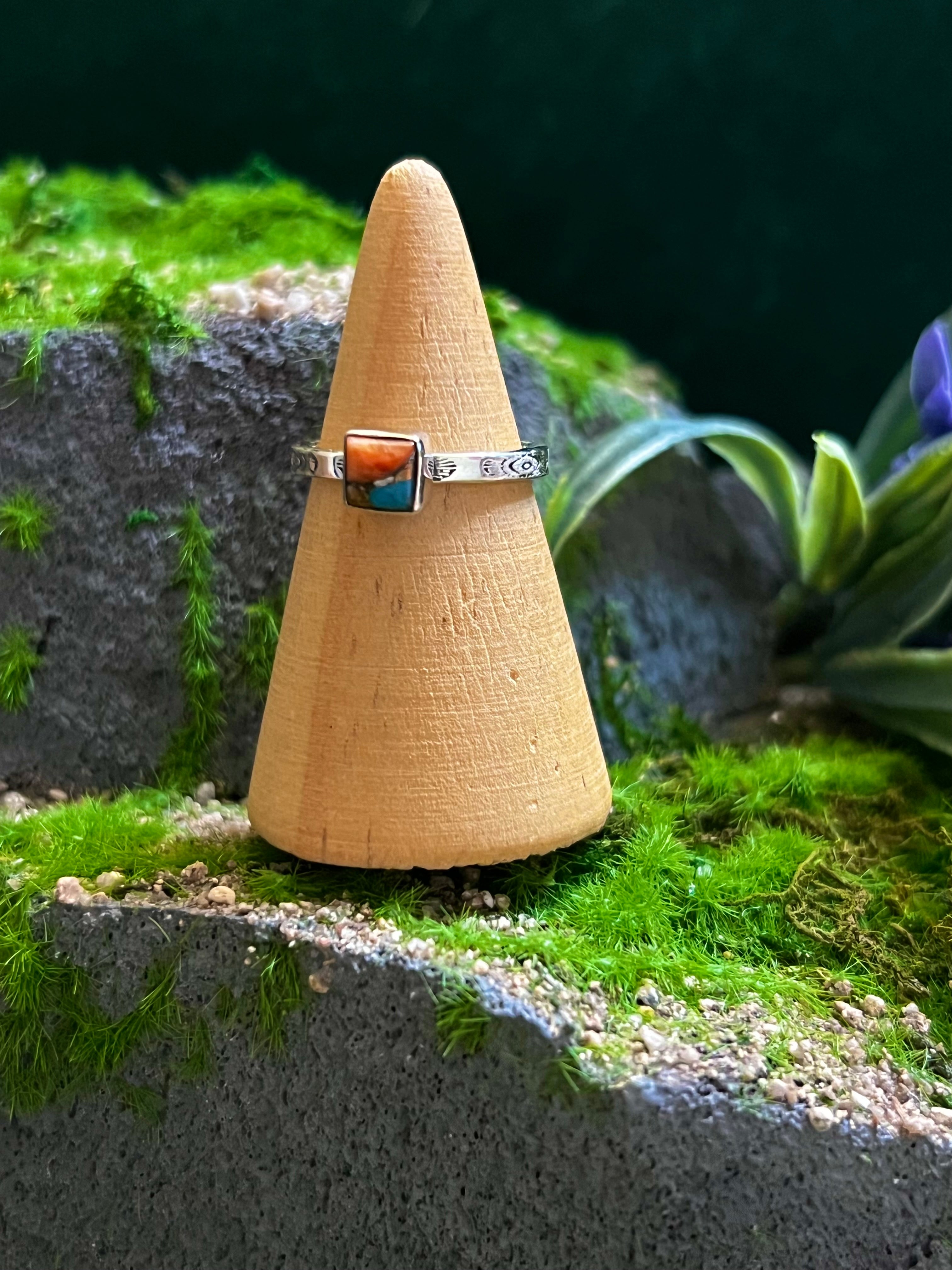 Handmade Orange Mojave TearDrop, Circle, Oval, Square, & Diamond Shape Sterling Silver Adjustable Stacker Ring