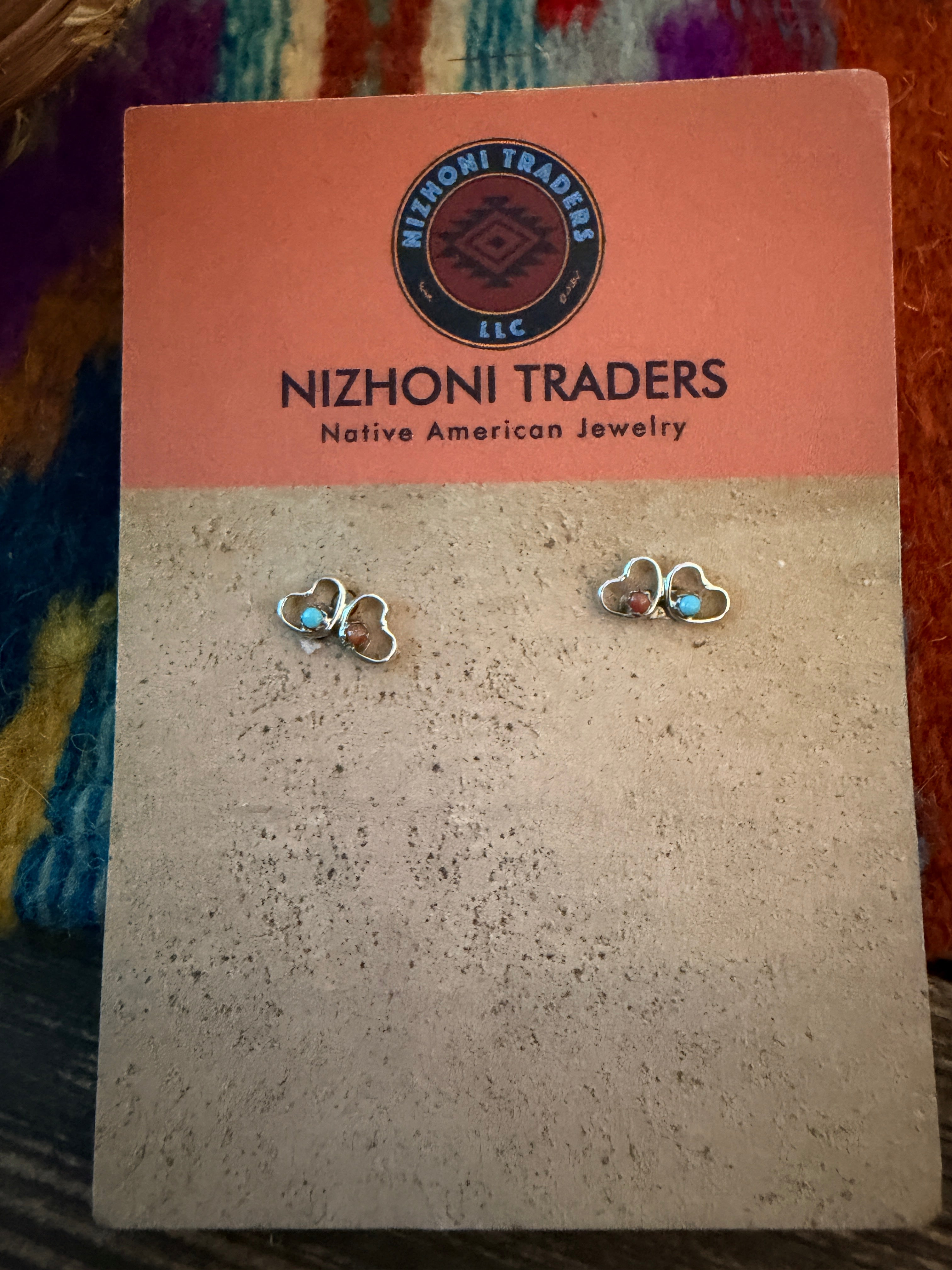 Handcrafted Turquoise, Coral & Sterling Silver Heart Stud Earrings