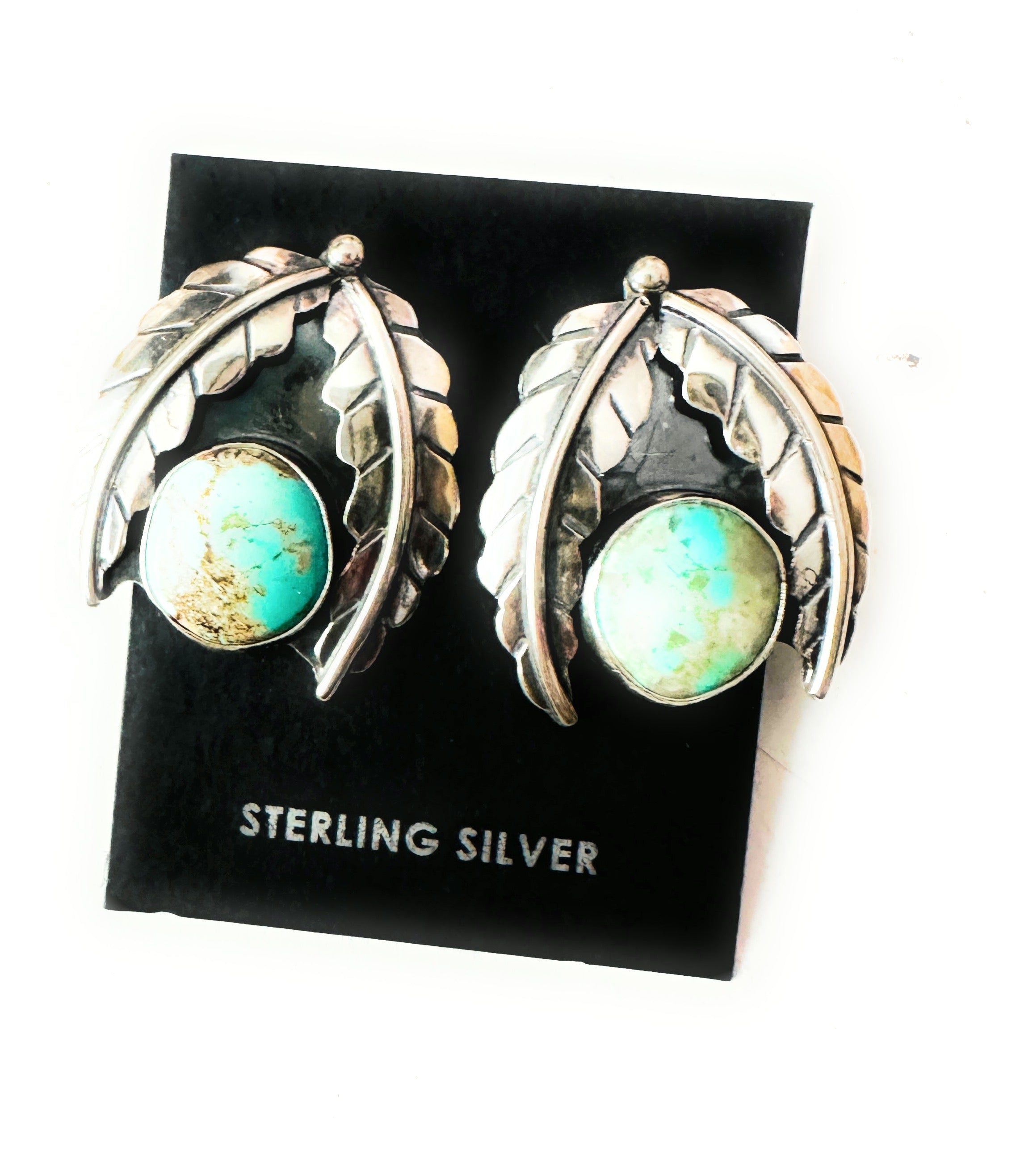 Navajo Number 8 Turquoise & Sterling Silver Leaf Post Earrings