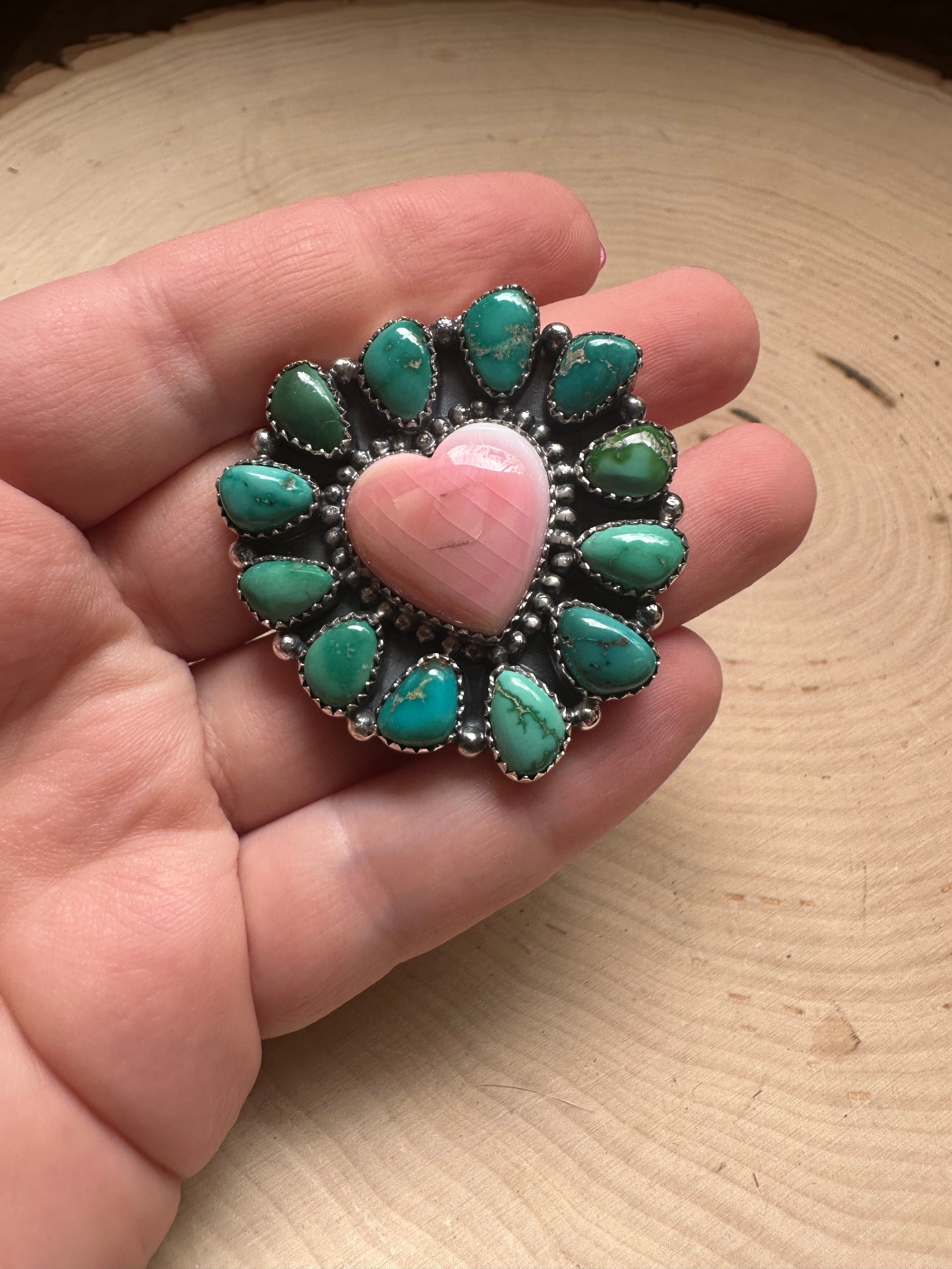 Handmade Sonoran Turquoise, Pink Conch And Sterling Silver Adjustable Heart Ring Signed Nizhoni