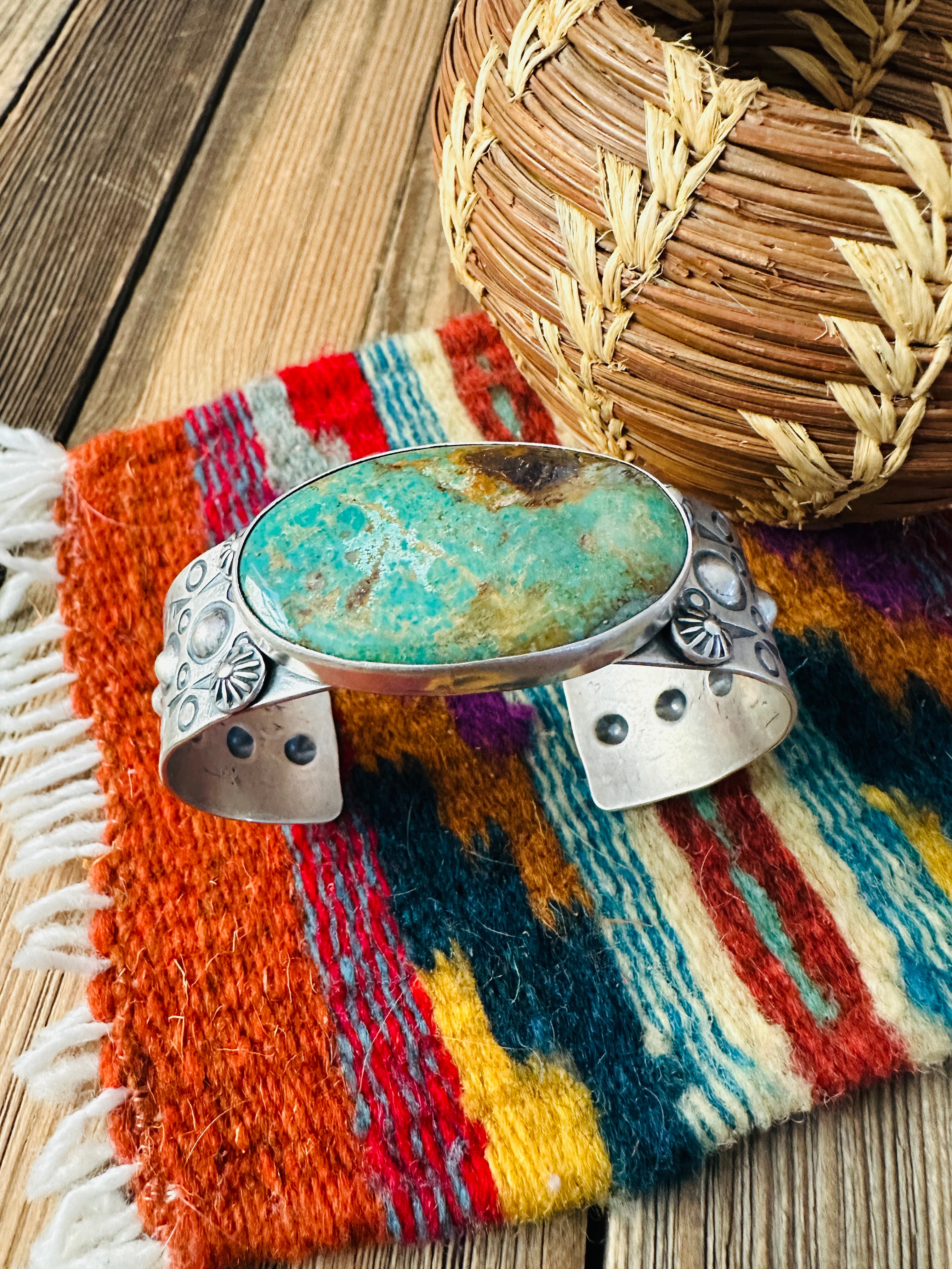 Handcrafted Royston Turquoise & Sterling Silver Cuff Bracelet by Benson Shorty