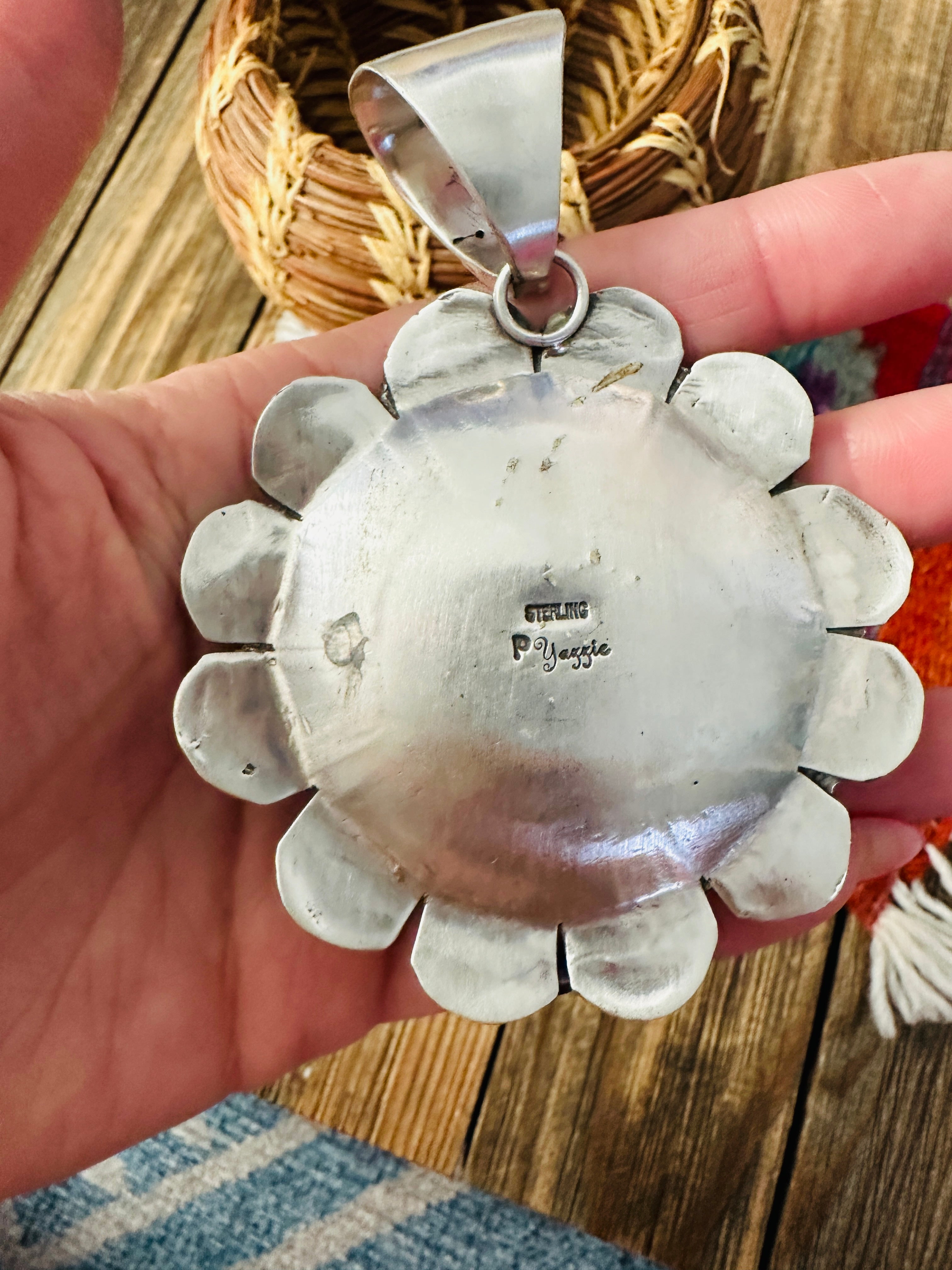 Handcrafted Sterling Silver & Turquoise Flower Bumblebee Pendant by Patrick Yazzie