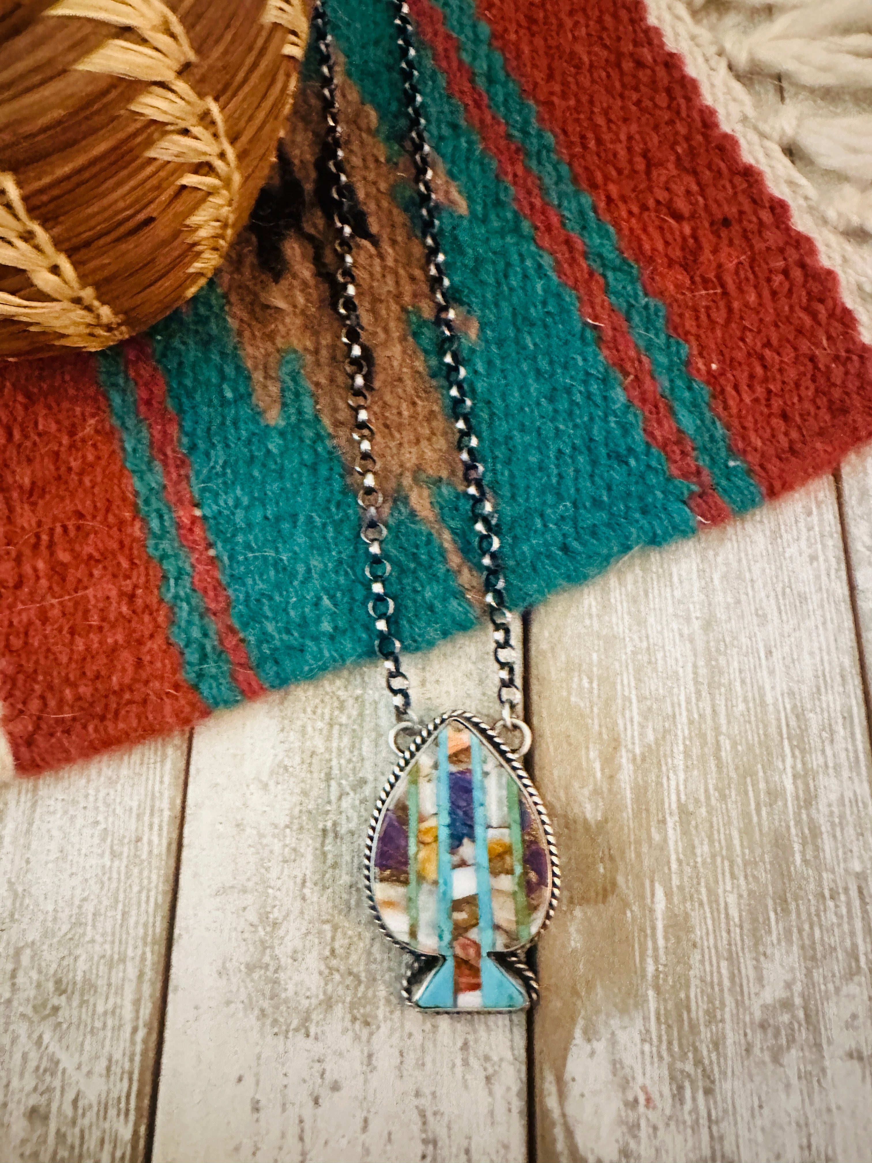 Navajo Sterling Silver & Multi Stone Inlay Spade Necklace