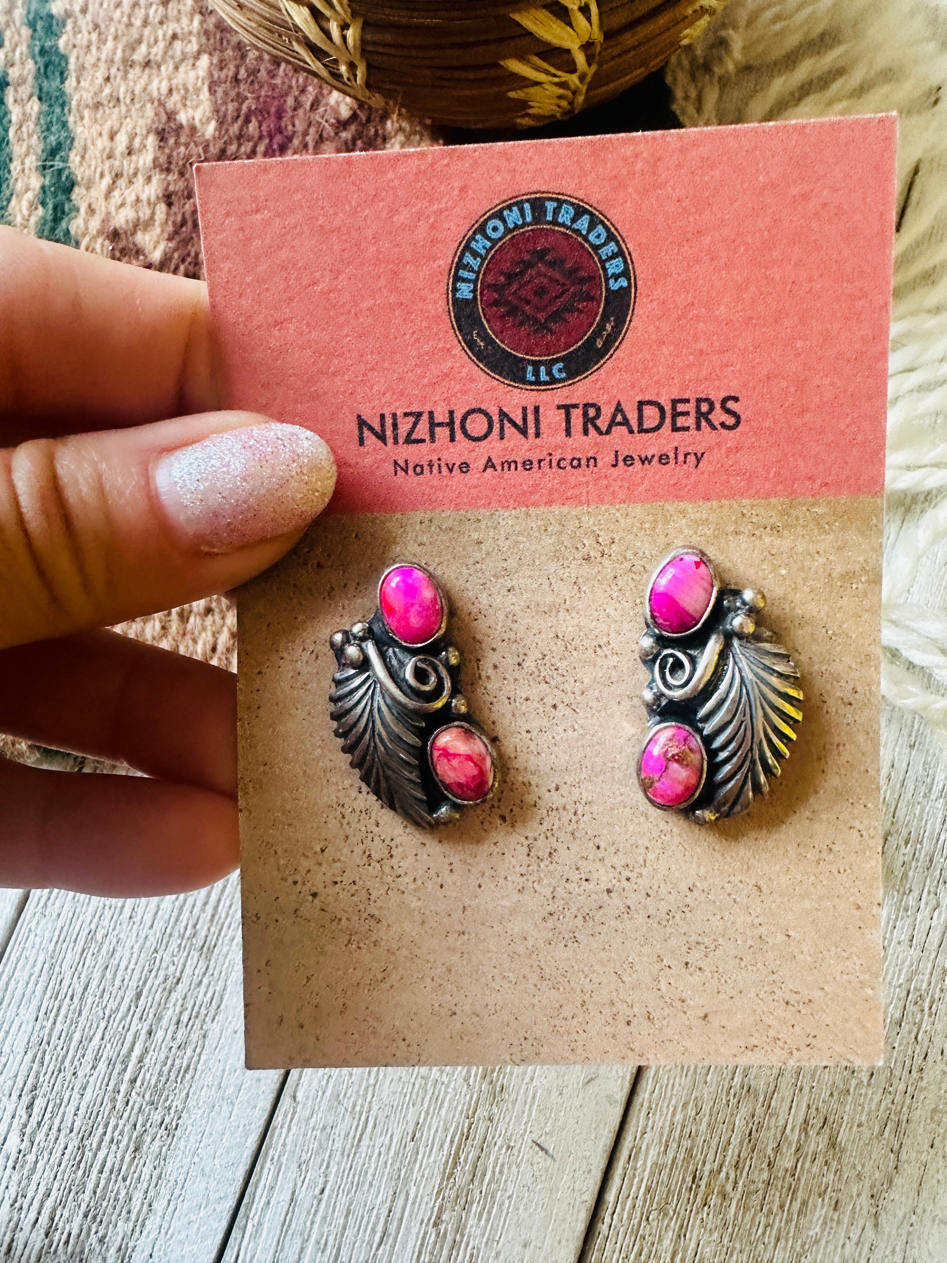 Navajo Sterling Silver & Pink Mojave Post Dangle Earrings