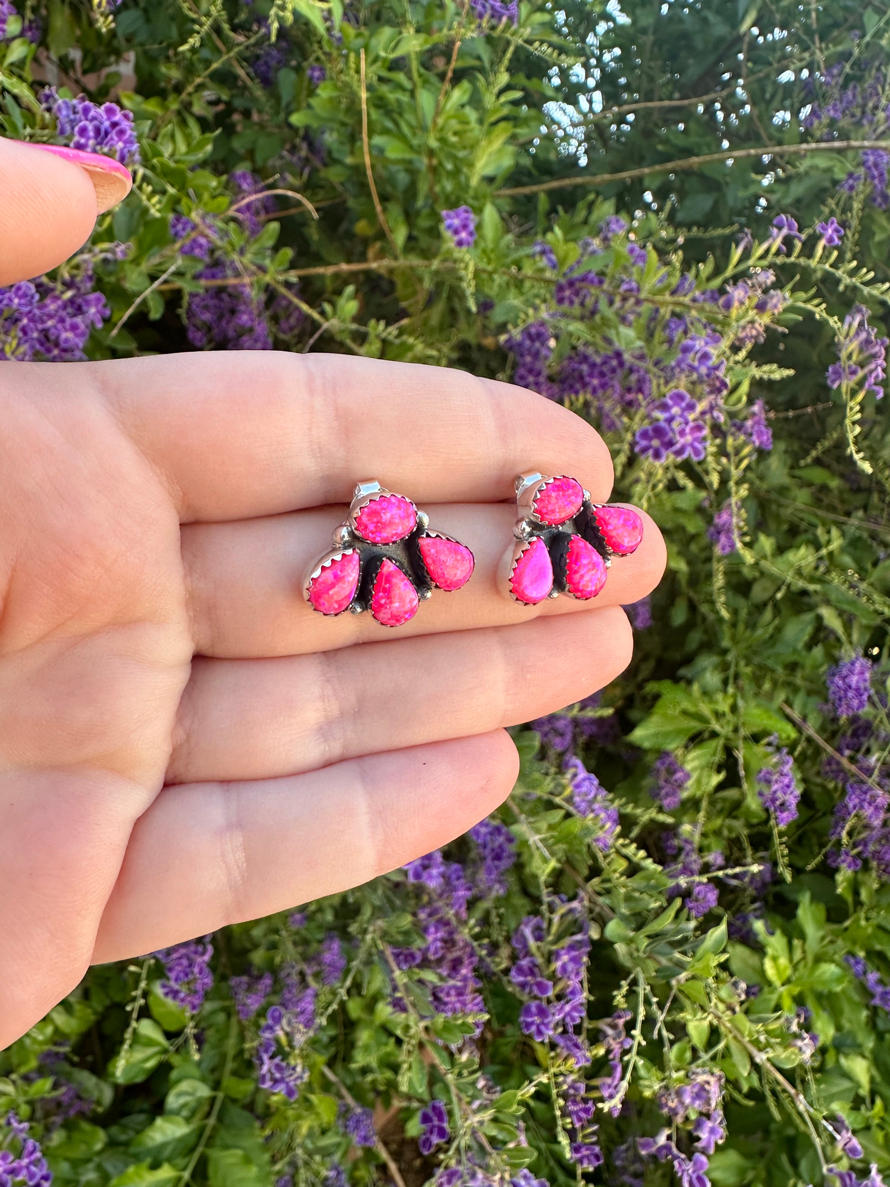 Nizhoni “The Backroads”  MINIS Hot Pink Fire Opal & Sterling Silver 4 Stone Earrings Handmade