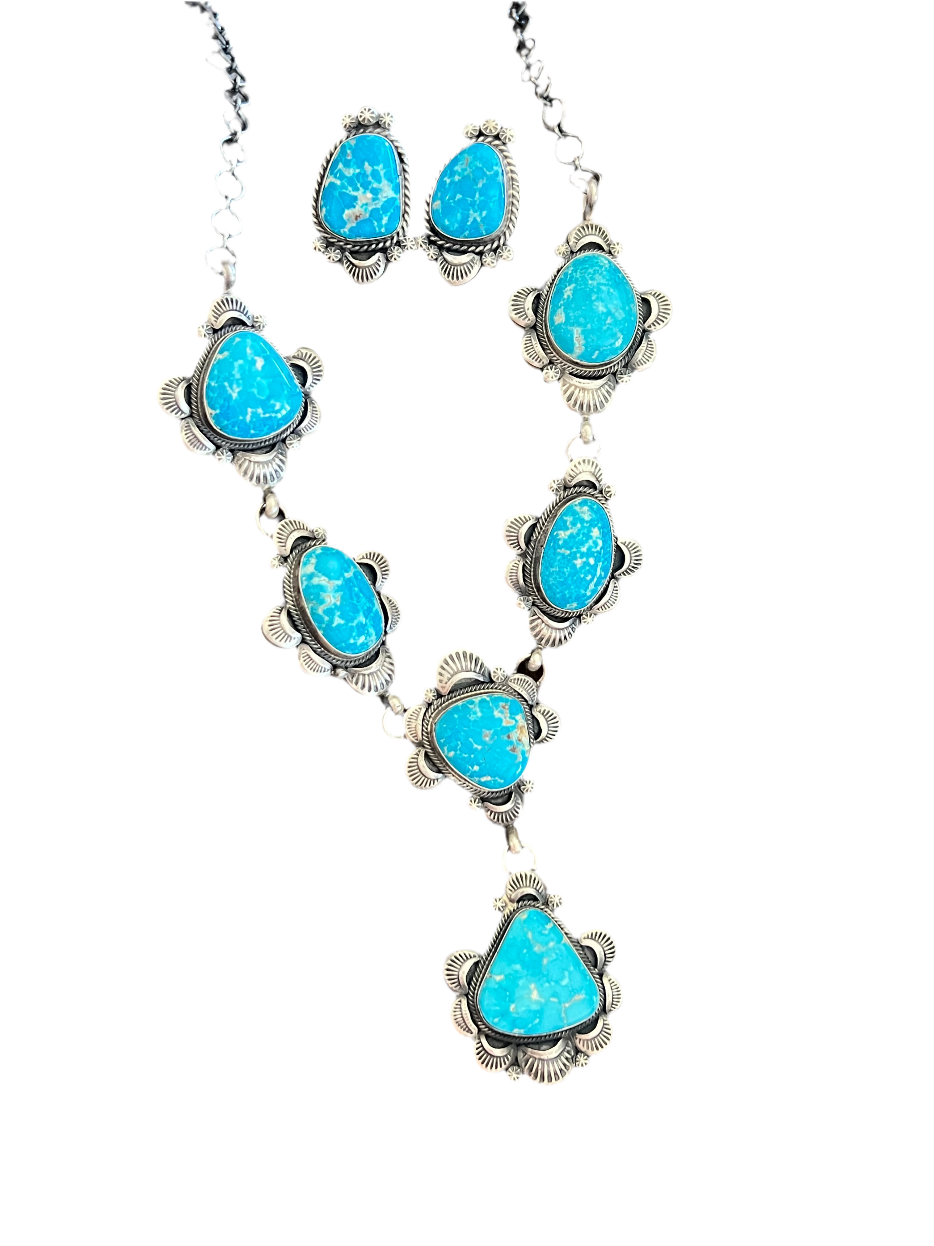 Handcrafted Stellar Sterling Silver and Whitewater Turquoise  Necklace and Earrings Set by Gilbert Tom