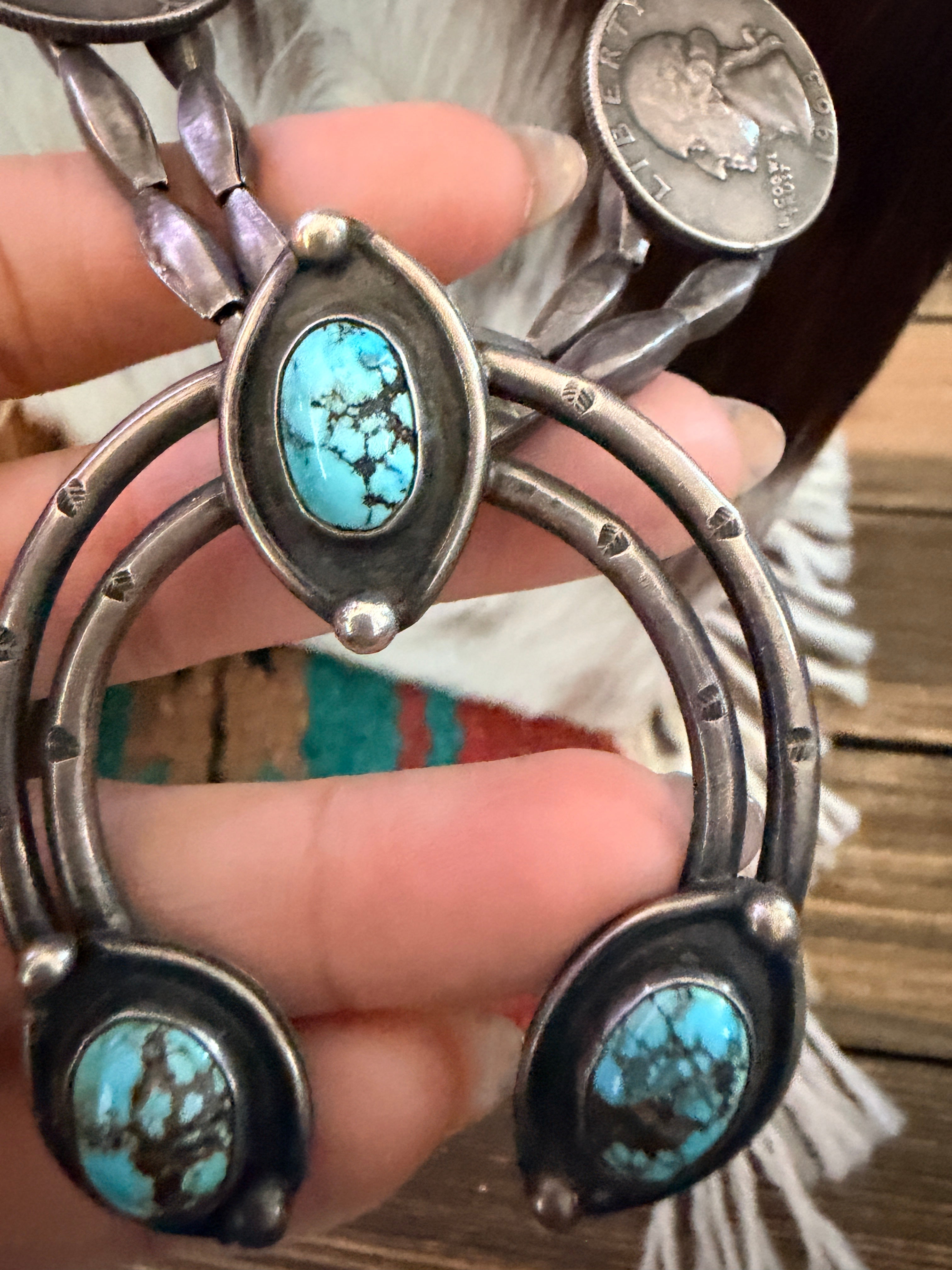 Old Pawn Handcrafted Turquoise & Sterling Silver Liberty Coin Squash Blossom Necklace