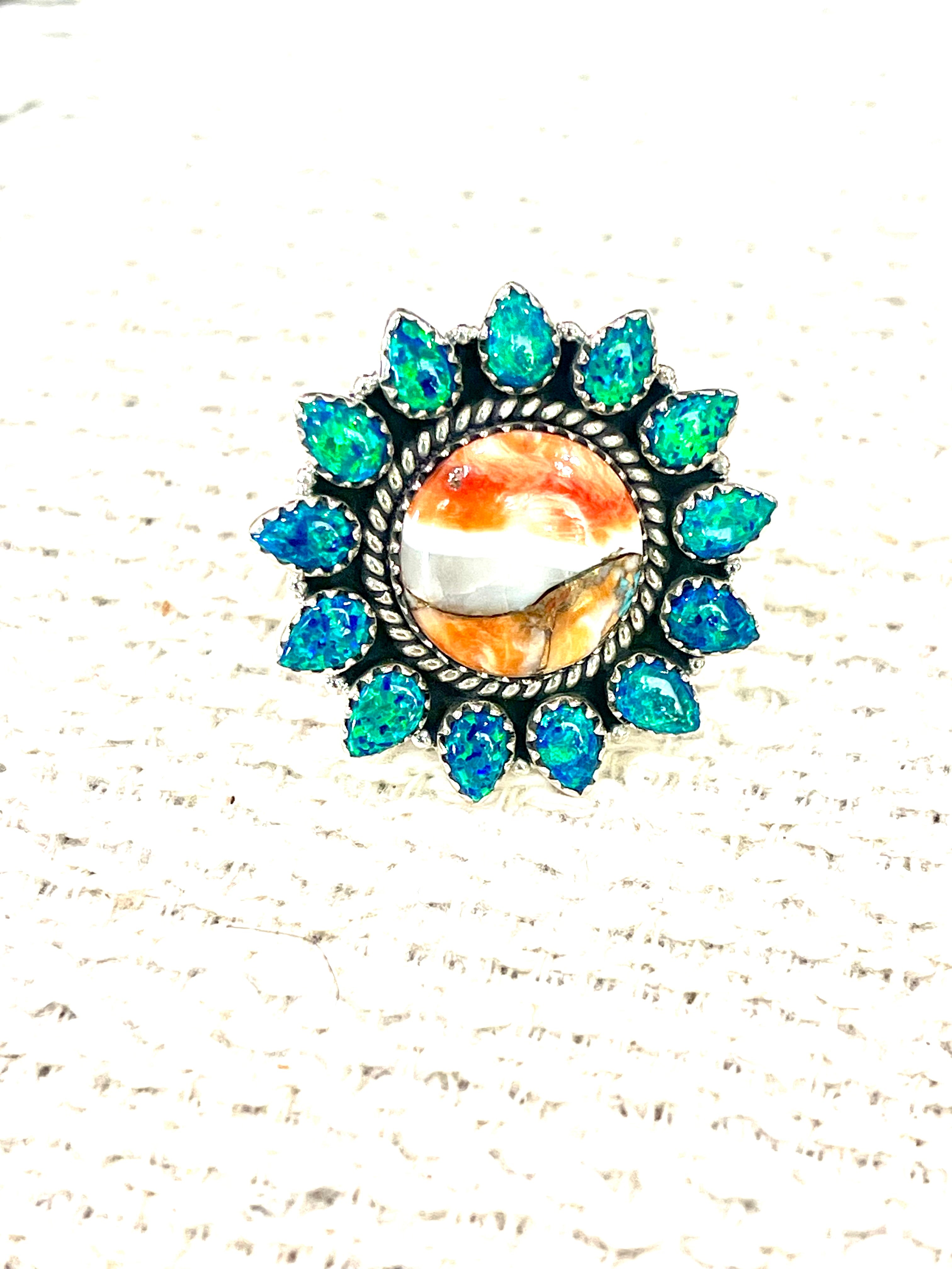 Handmade Sterling Silver, Spice & Blue Fire Opal Adjustable Ring