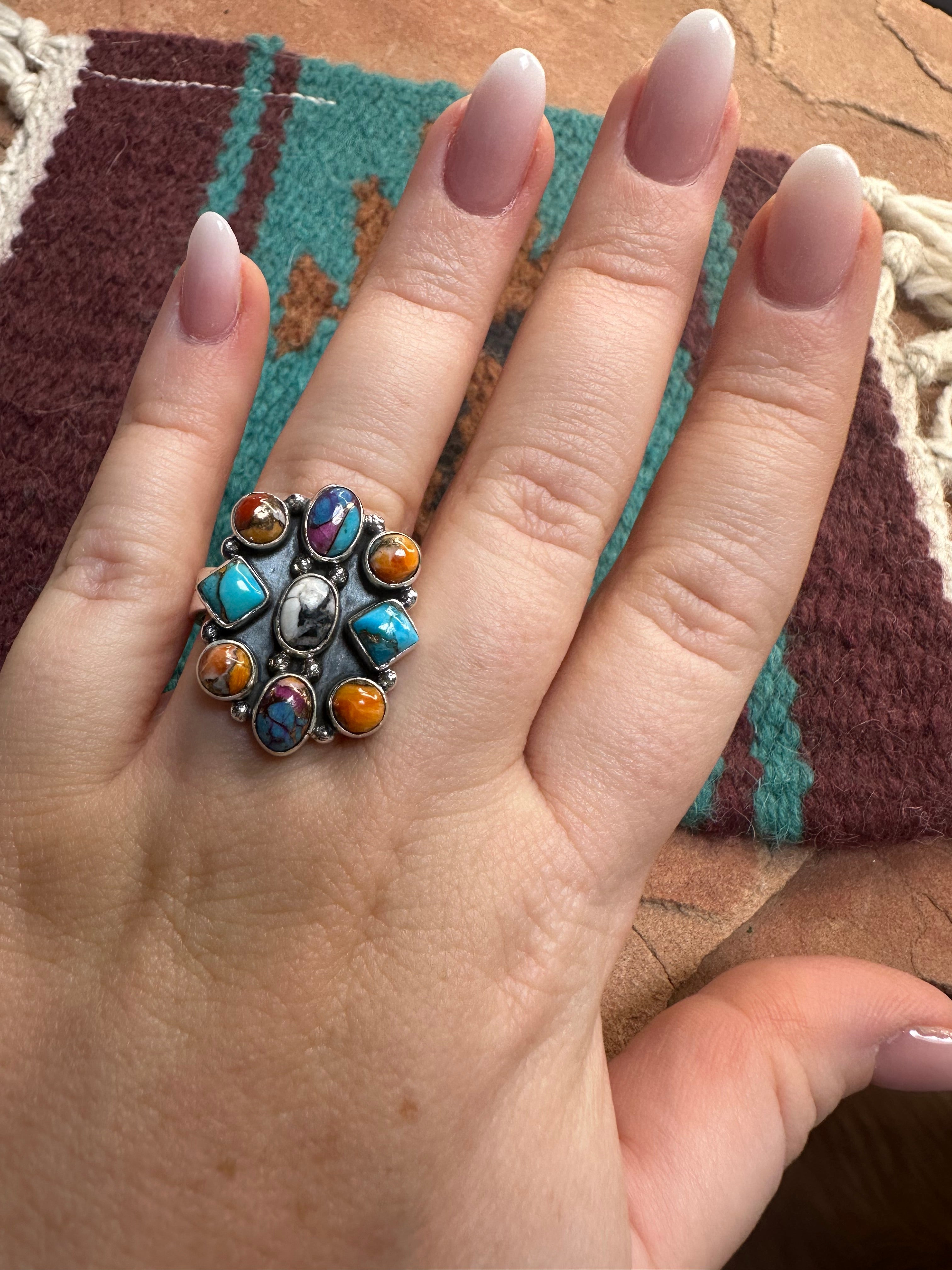 Beautiful Handmade White Buffalo, Spice, Pink Dream Mojave And Sterling Silver Adjustable Ring