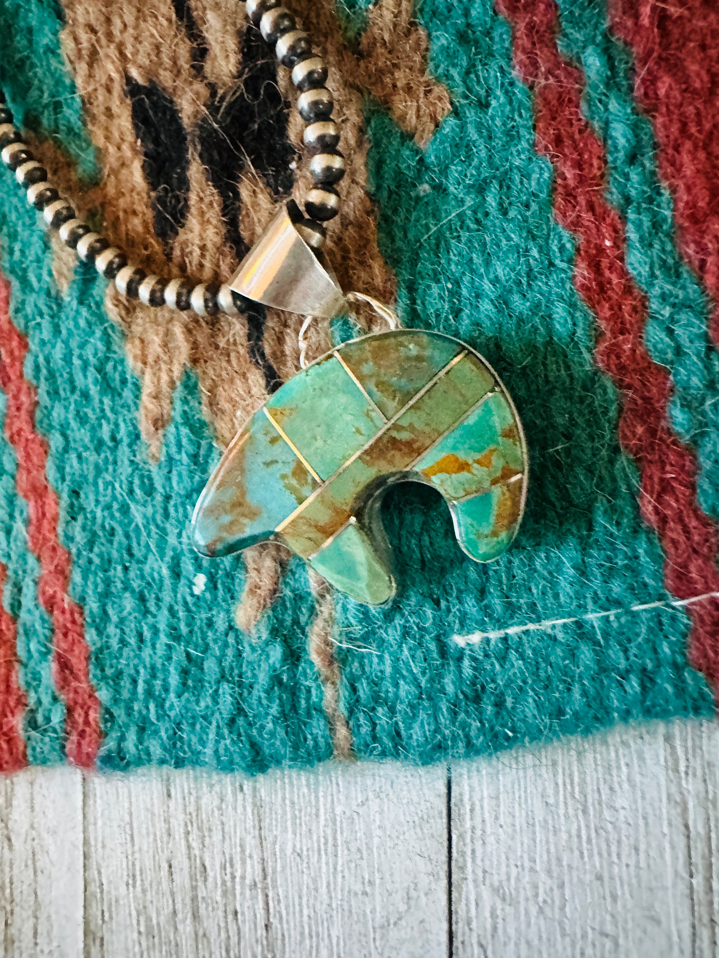 Navajo Turquoise & Sterling Silver Inlay Fetish Bear Pendant