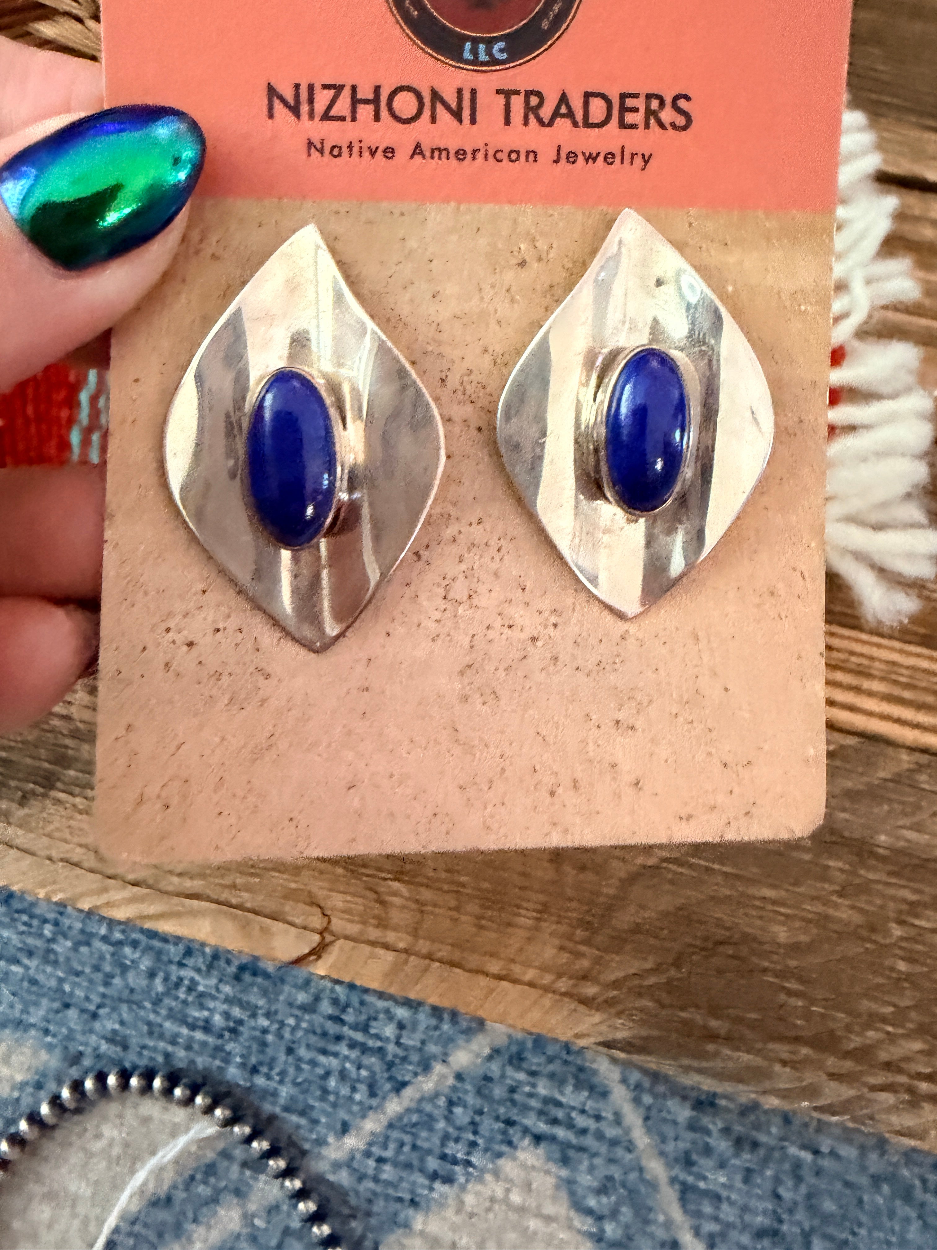 Old Pawn Handcrafted Sterling Silver & Lapis Post Earrings