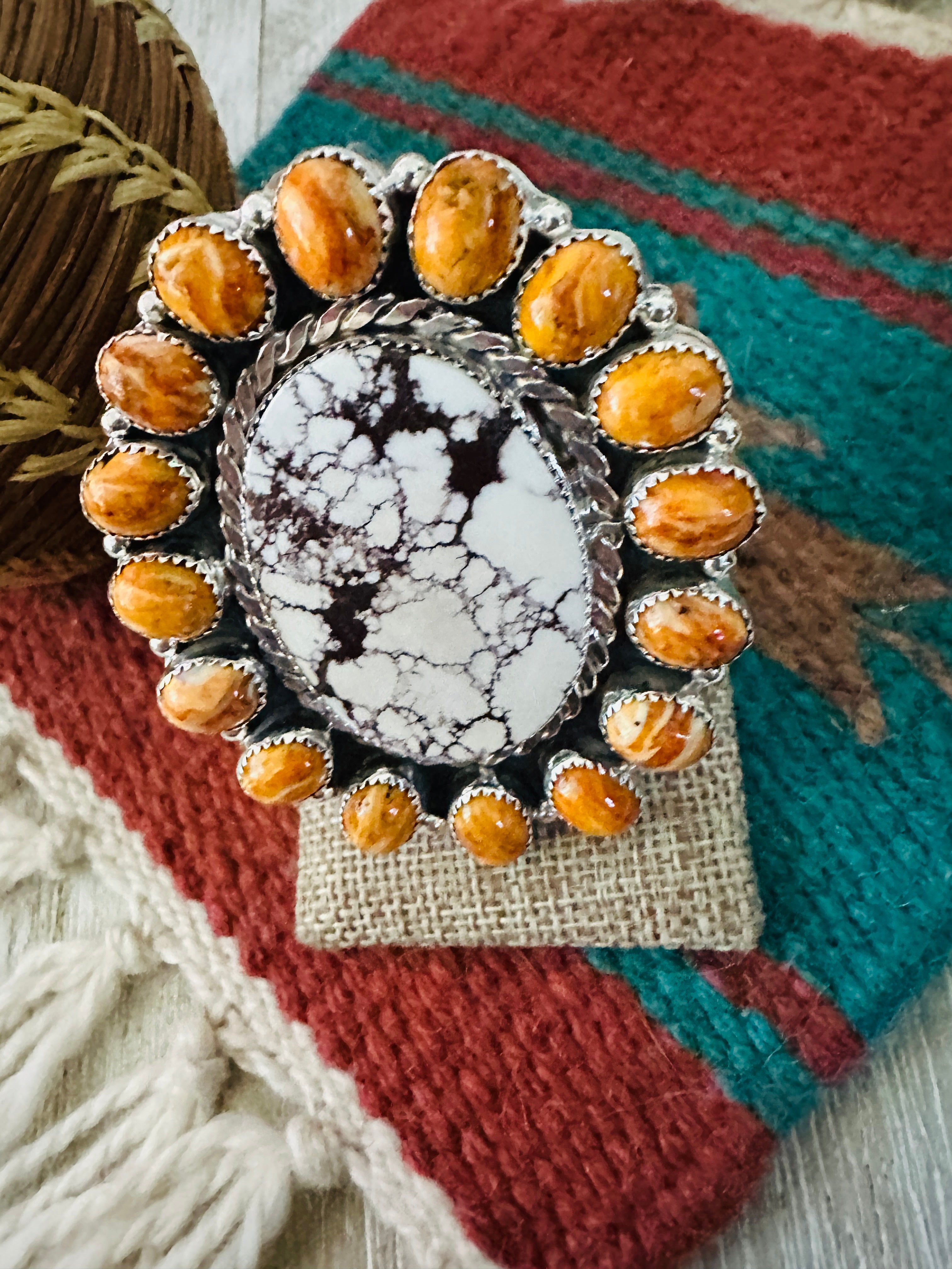 Handcrafted Wild Horse, Spiny Oyster & Sterling Silver Cluster Ring Size 9.5