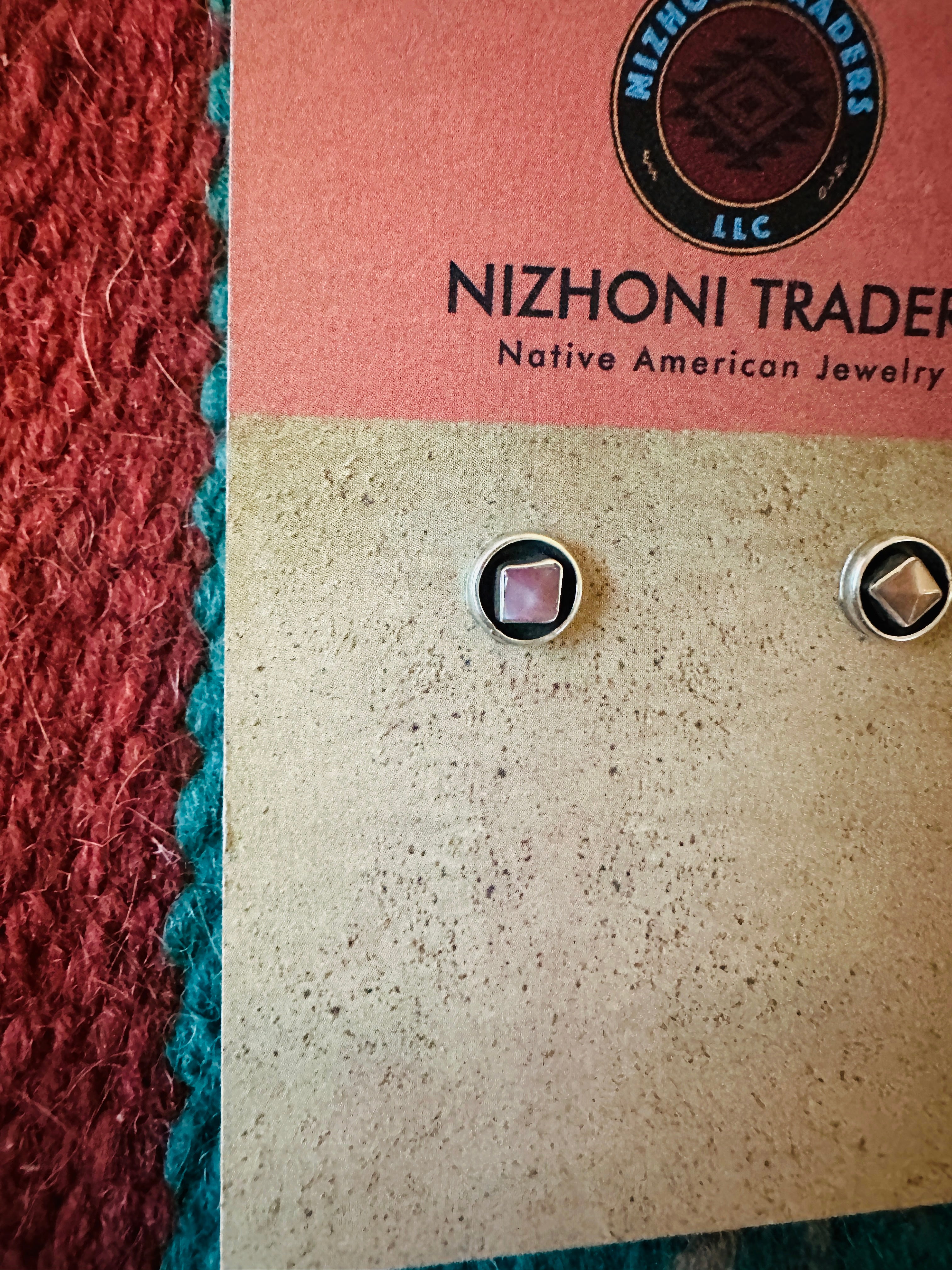 Navajo Pink Mother of Pearl and Sterling Silver Shadowbox Stud Earrings