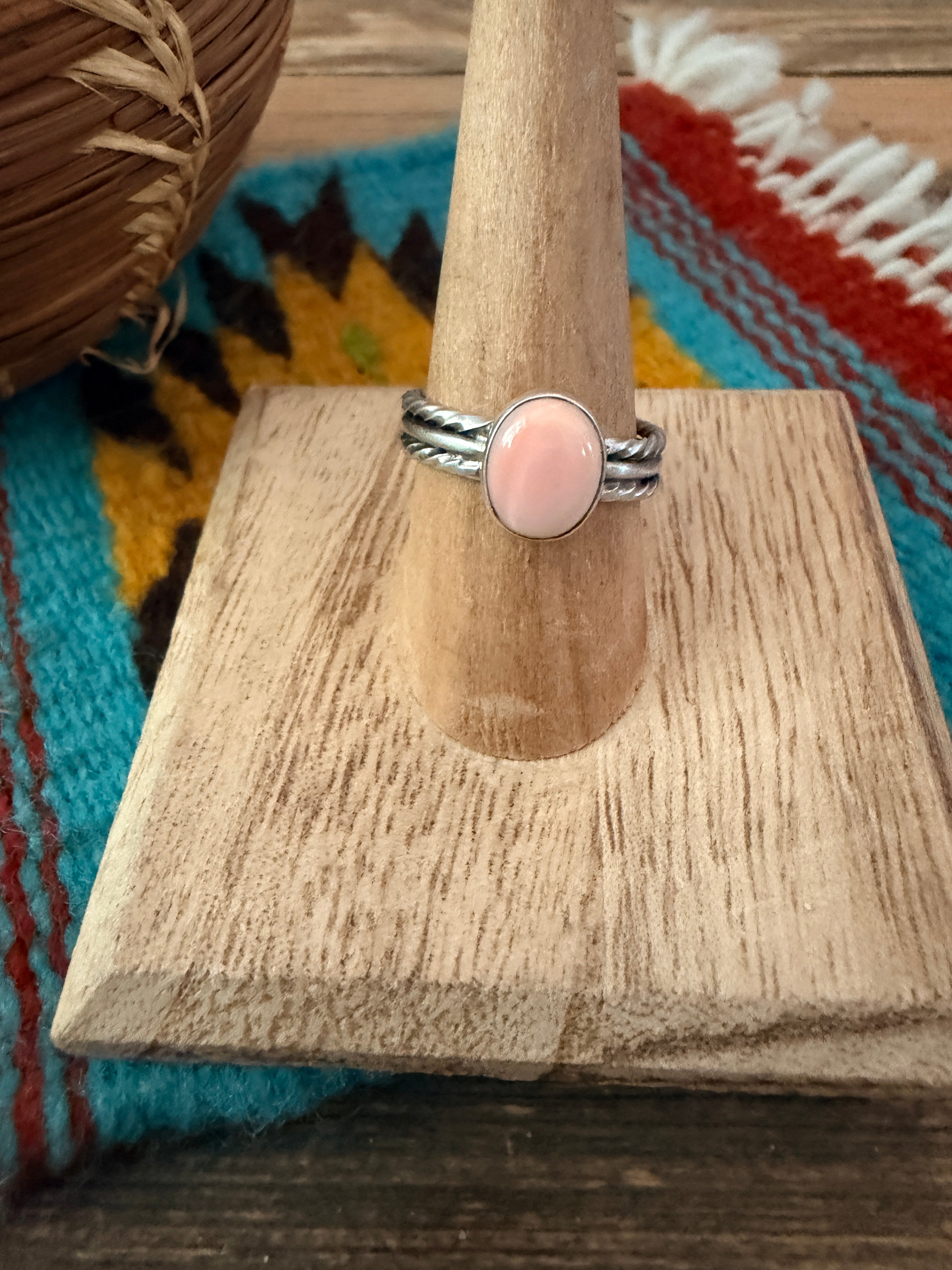 Handcrafted Queen Pink Conch and Sterling Silver Ring size 8