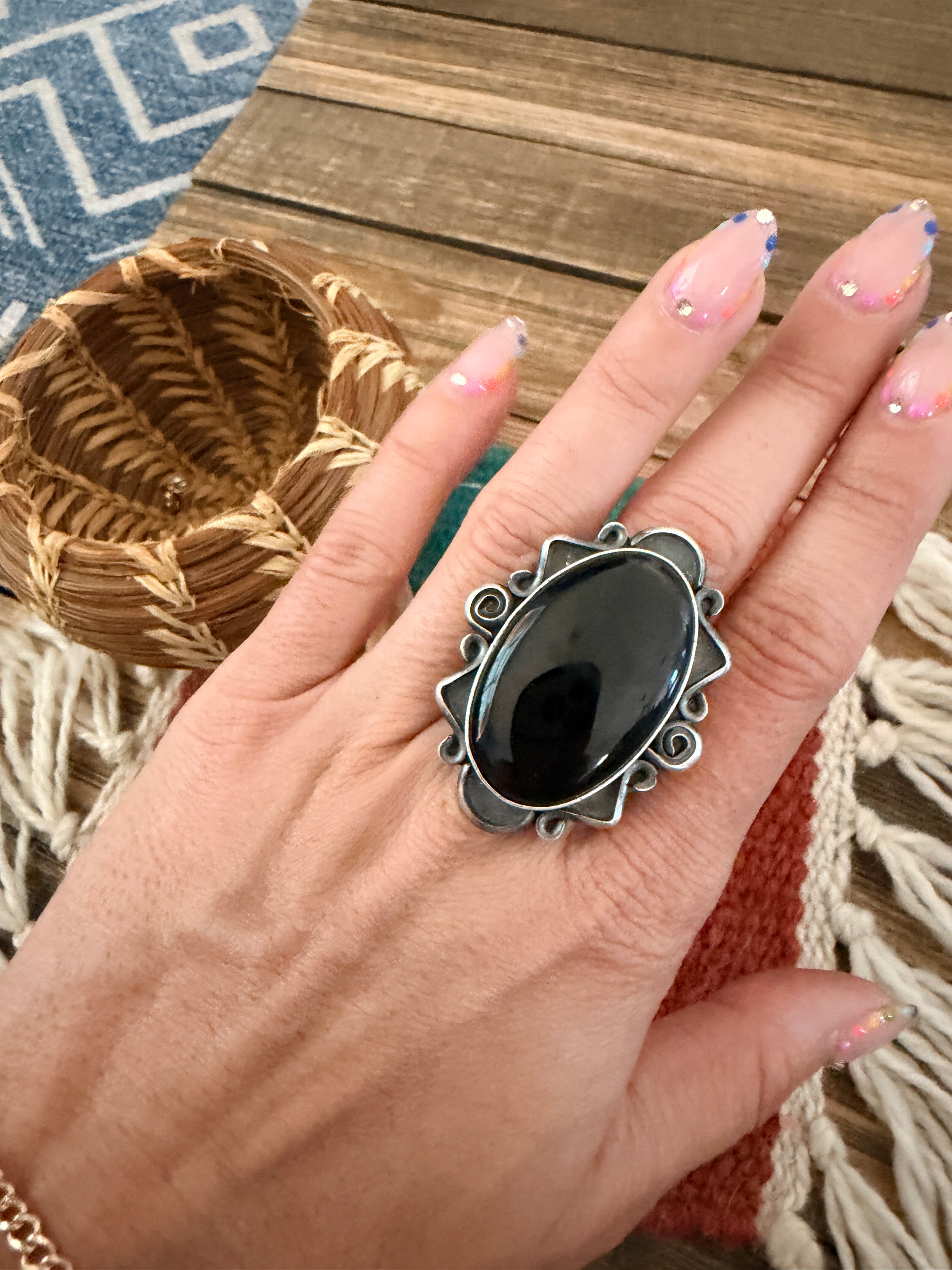 Handcrafted Black Onyx & Sterling Silver Ring Size 6.75