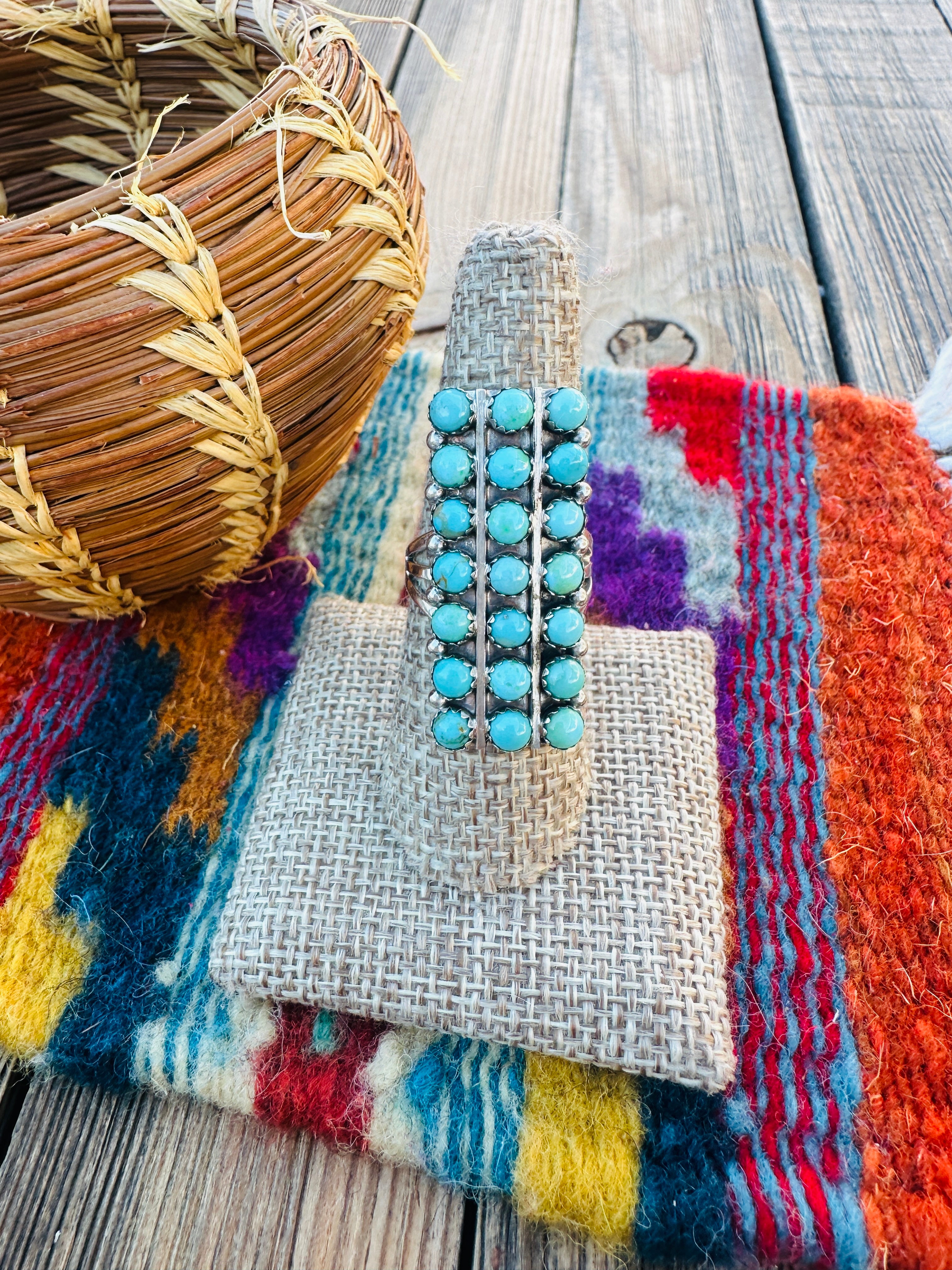 Handcrafted Turquoise & Sterling Silver Cluster Ring Size 7.75