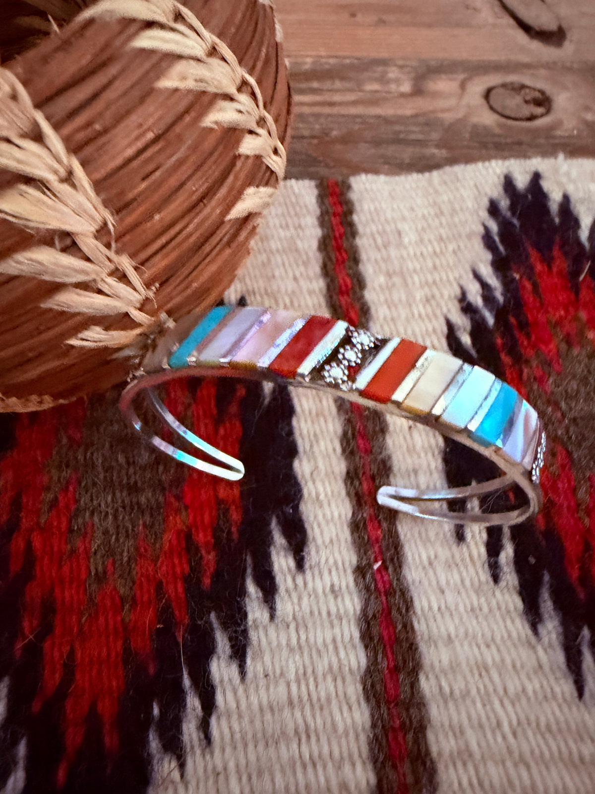 Handcrafted Old Pawn Sterling Silver & Multi Stone Inlay Cuff Bracelet