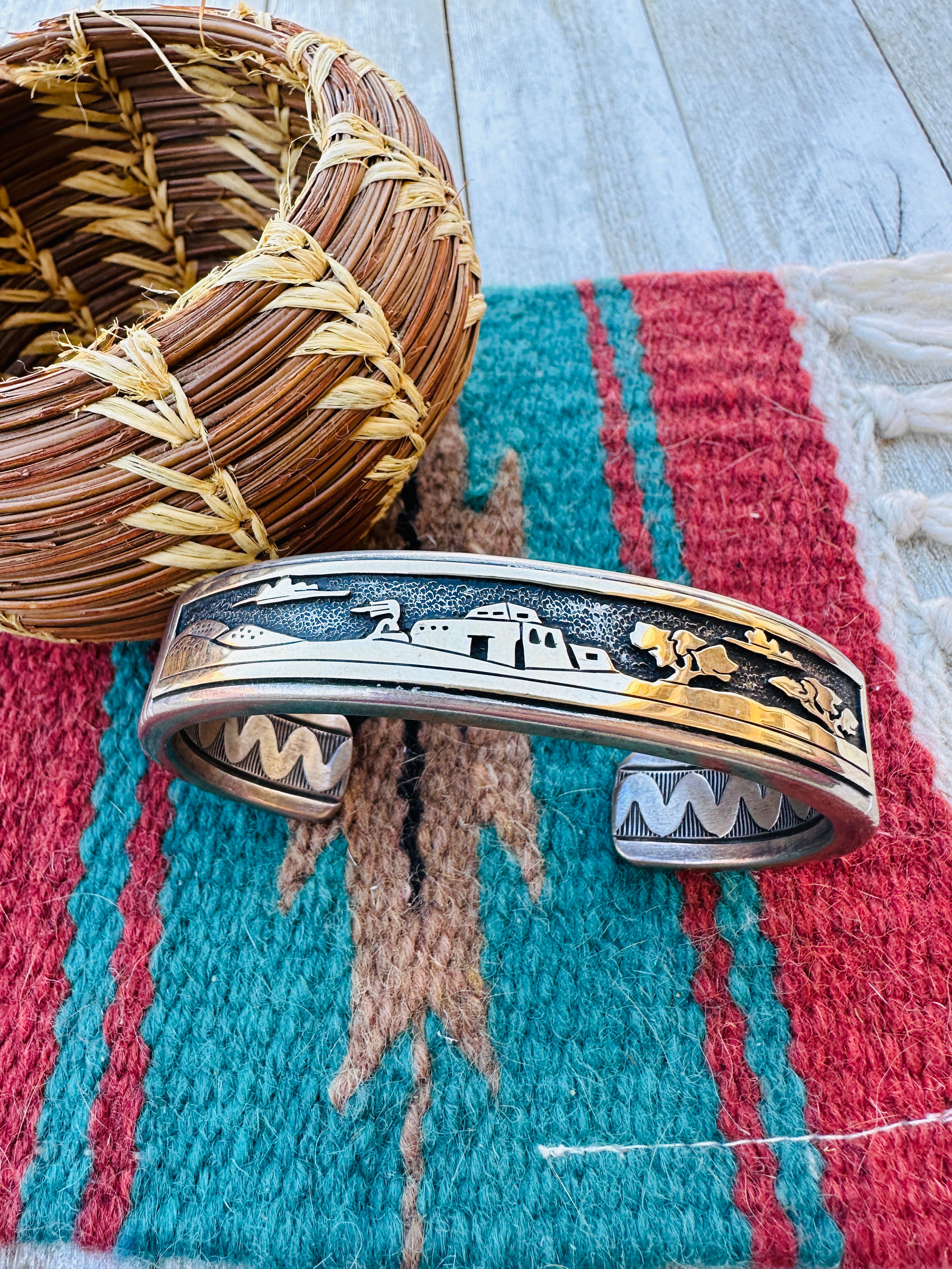 Handcrafted Old Pawn Sterling Silver with 14K Gold Overlay Storyteller Cuff Bracelet