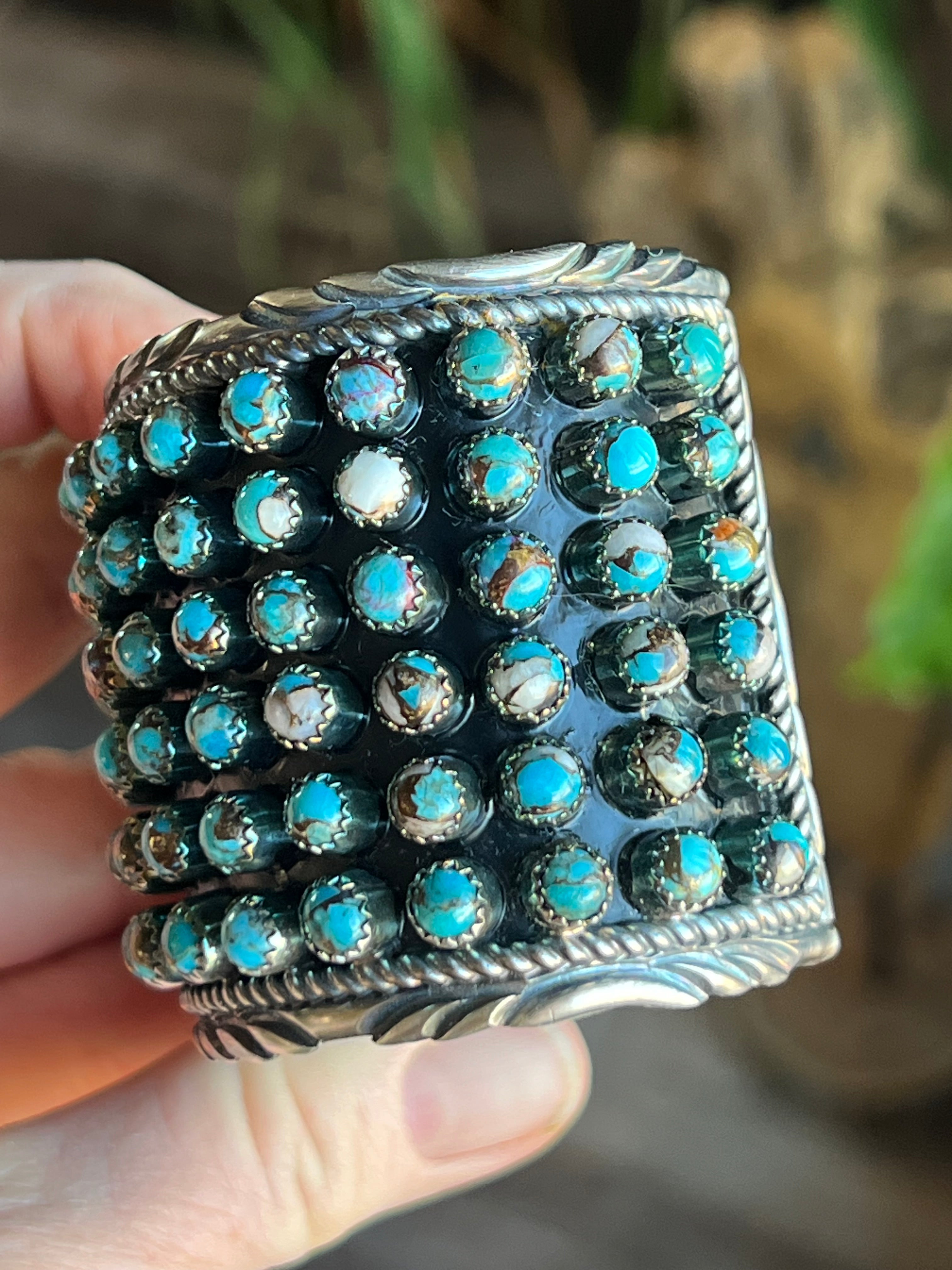 Handcrafted Sterling Silver and Blue Mohave Snake Eye Style Six Row Cuff Bracelet, Signed BJ