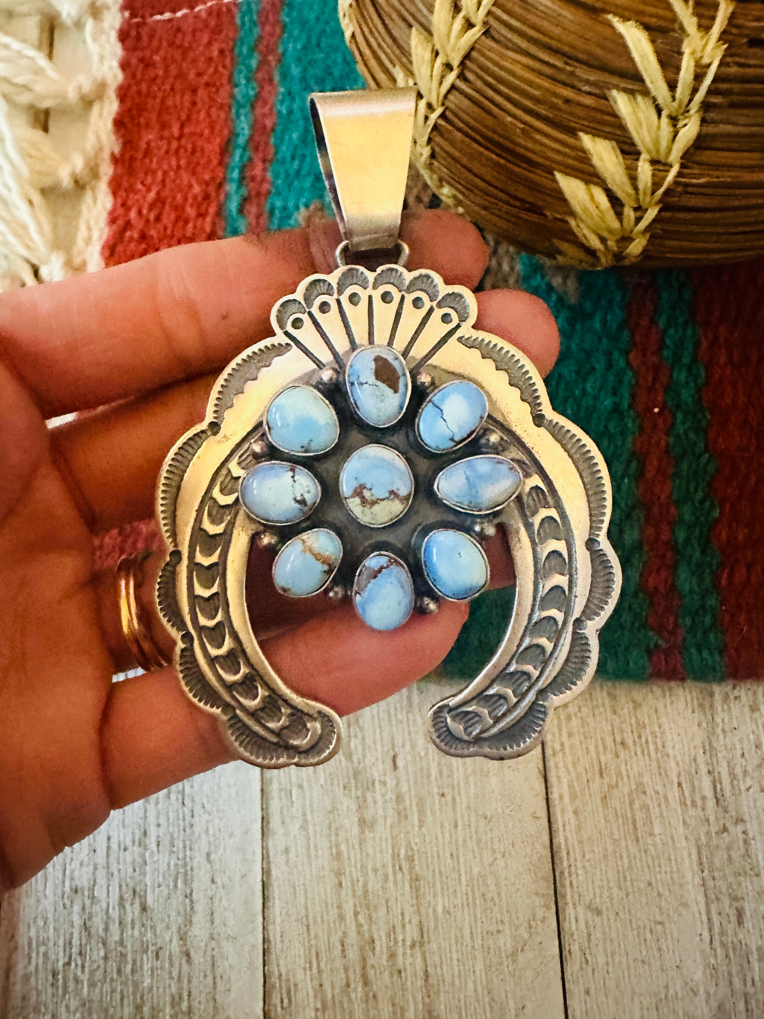 Navajo Sterling Silver & Golden Hills Turquoise Naja Pendant