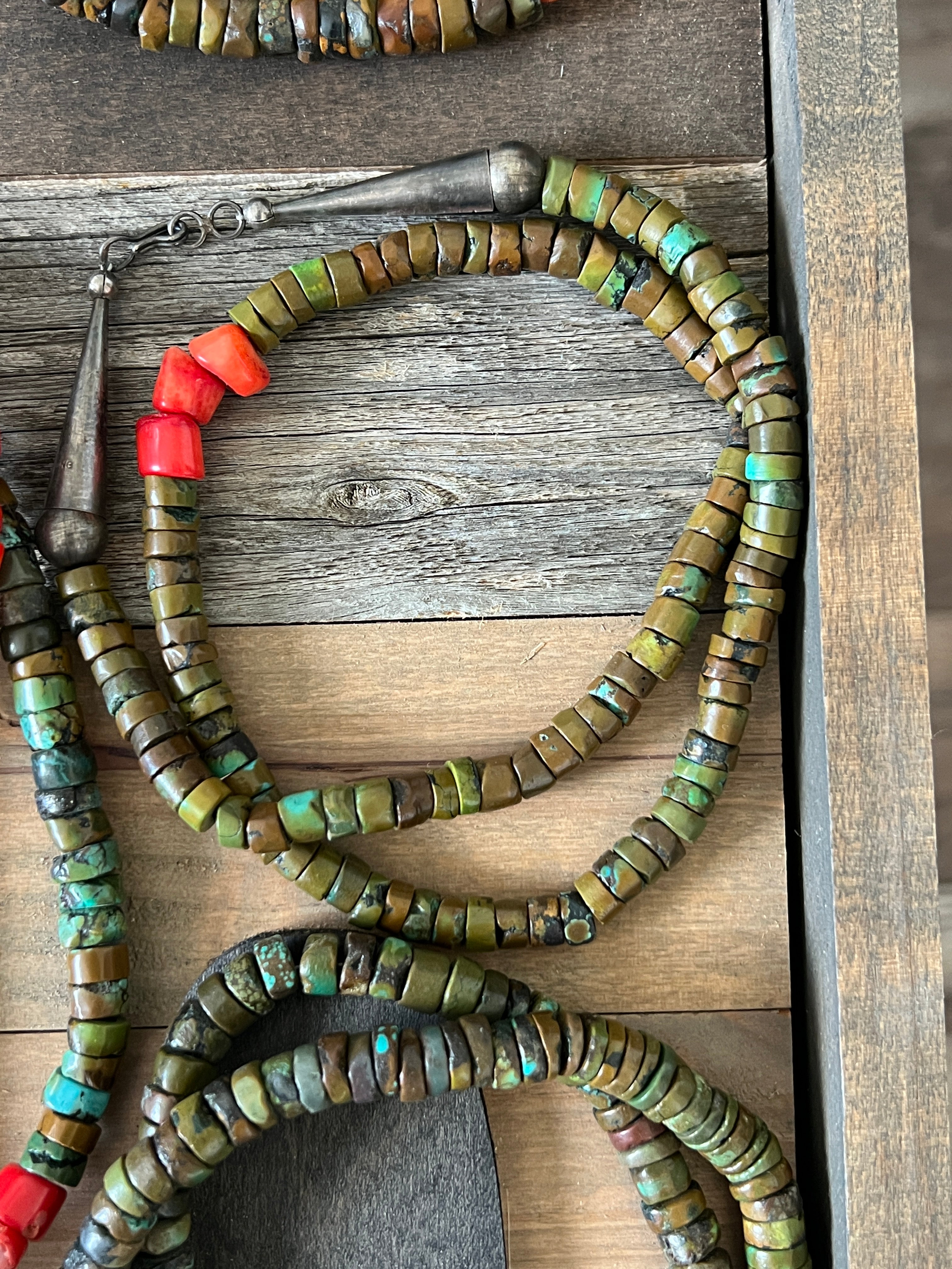 Handcrafted Hubei Turquoise Beaded Necklace with Sterling Silver and Bamboo Coral by Kirby Smith: 13 To Choose From!
