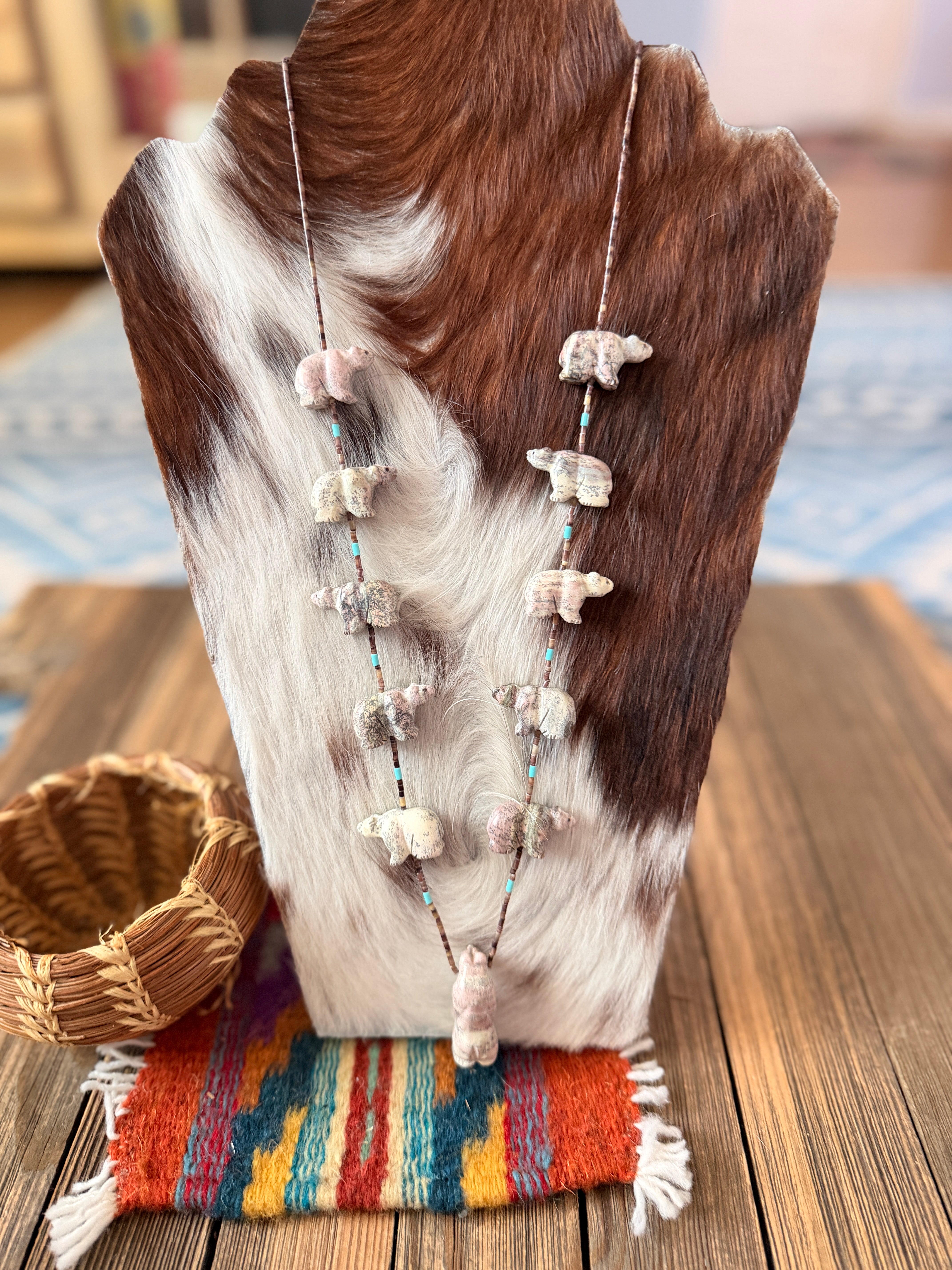 Handcrafted Sterling Silver & Beaded Fetish Bear Necklace 28" by Larry Cisco