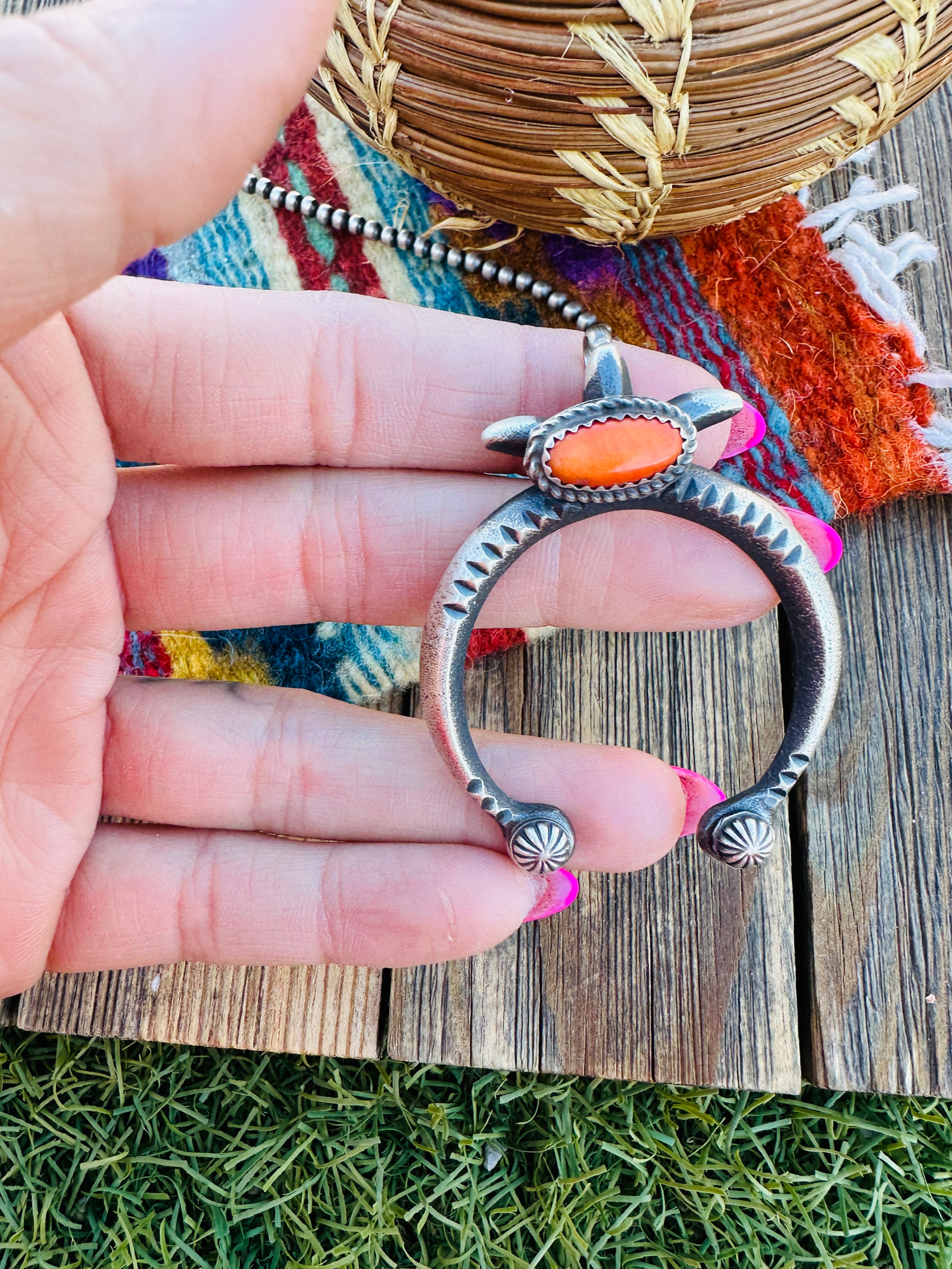 Handcrafted Sterling Silver & Orange Spiny Naja Pendant by Martha Cayatineto