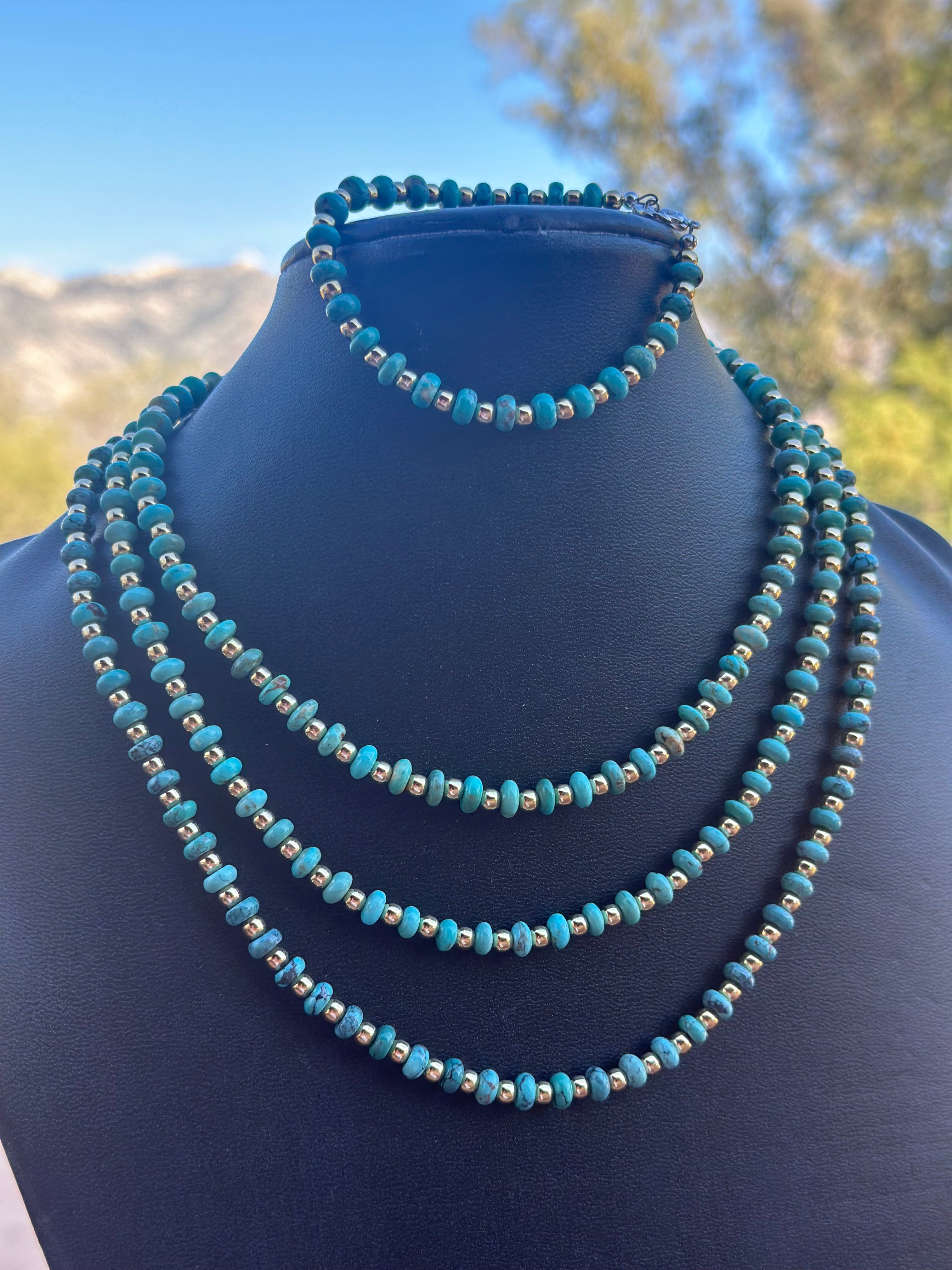 Gilded Sky Turquoise, Gold & Sterling Silver Beaded Necklace and Bracelets