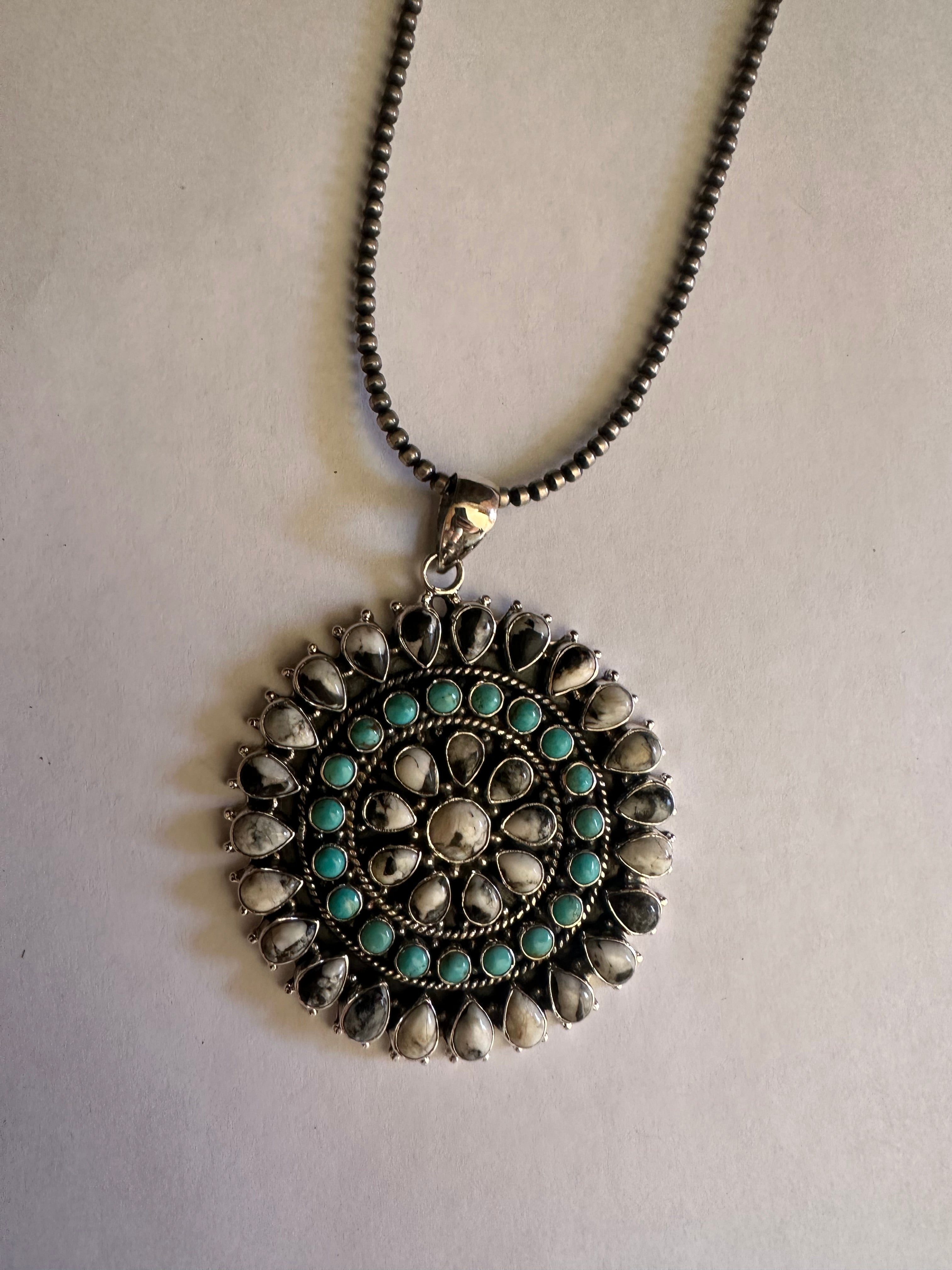 Beautiful Handmade Sterling Silver, White Buffalo & Turquoise Cluster Pendant Signed Nizhoni