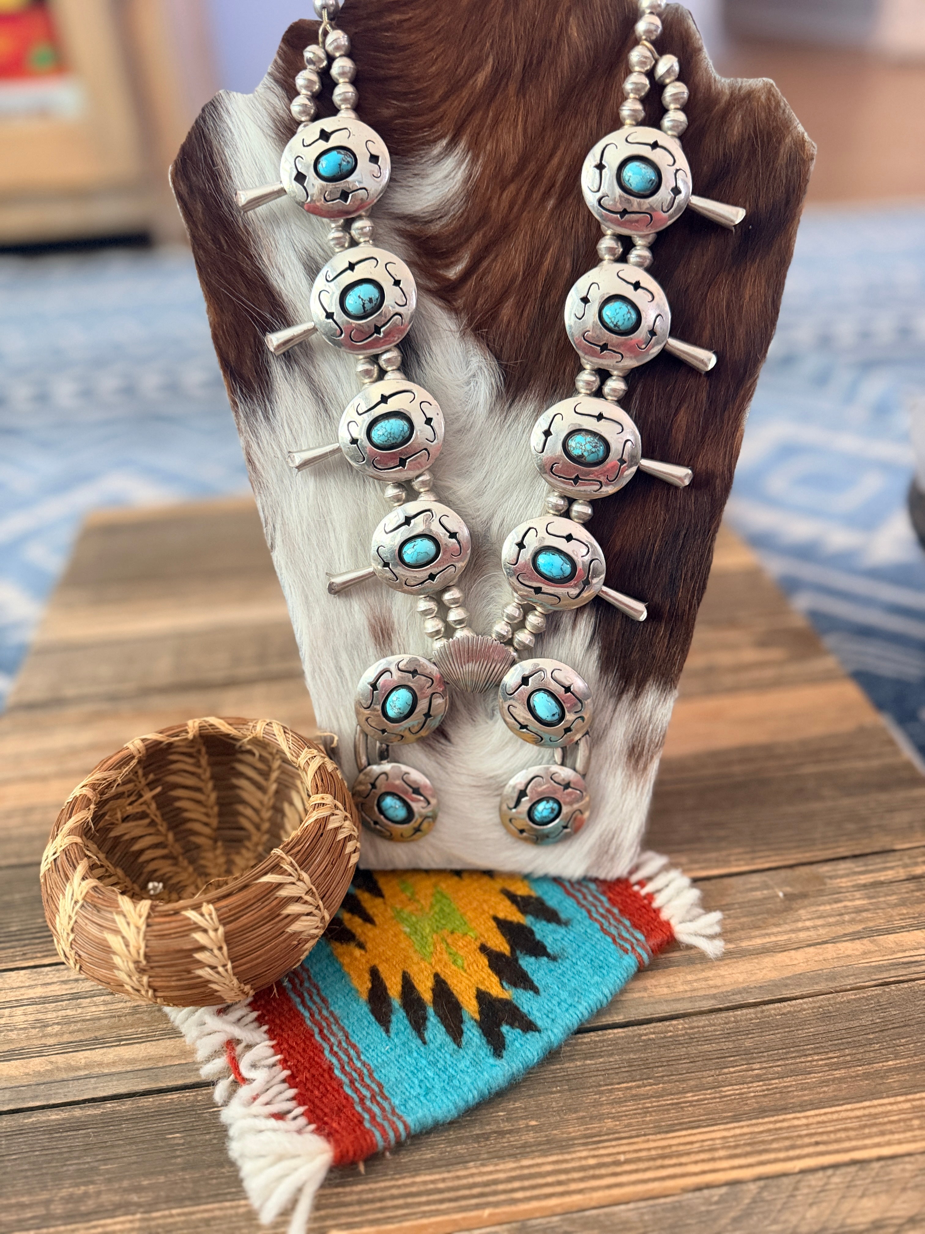 Old Pawn Handcrafted Turquoise & Sterling Silver Squash Blossom Necklace