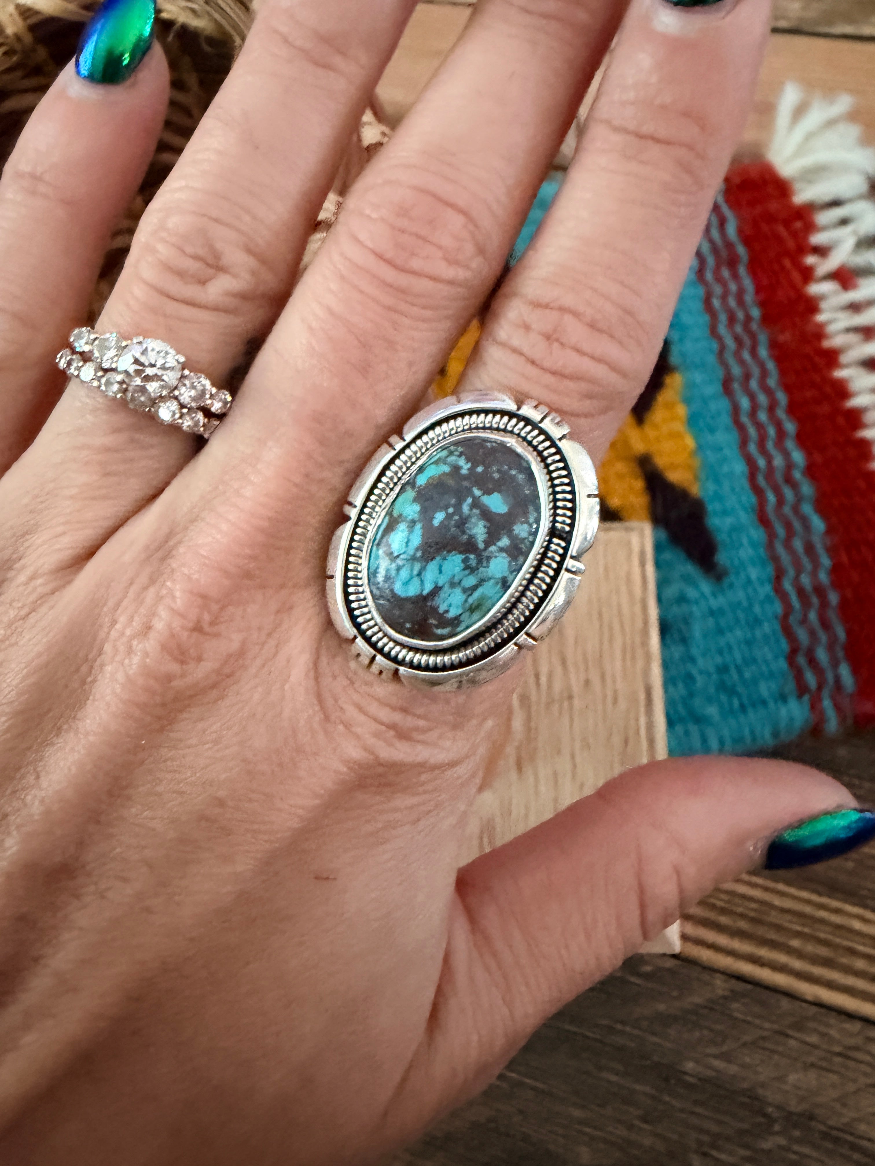 Handcrafted Turquoise & Sterling Silver Ring Size 8 by Wydell Billie