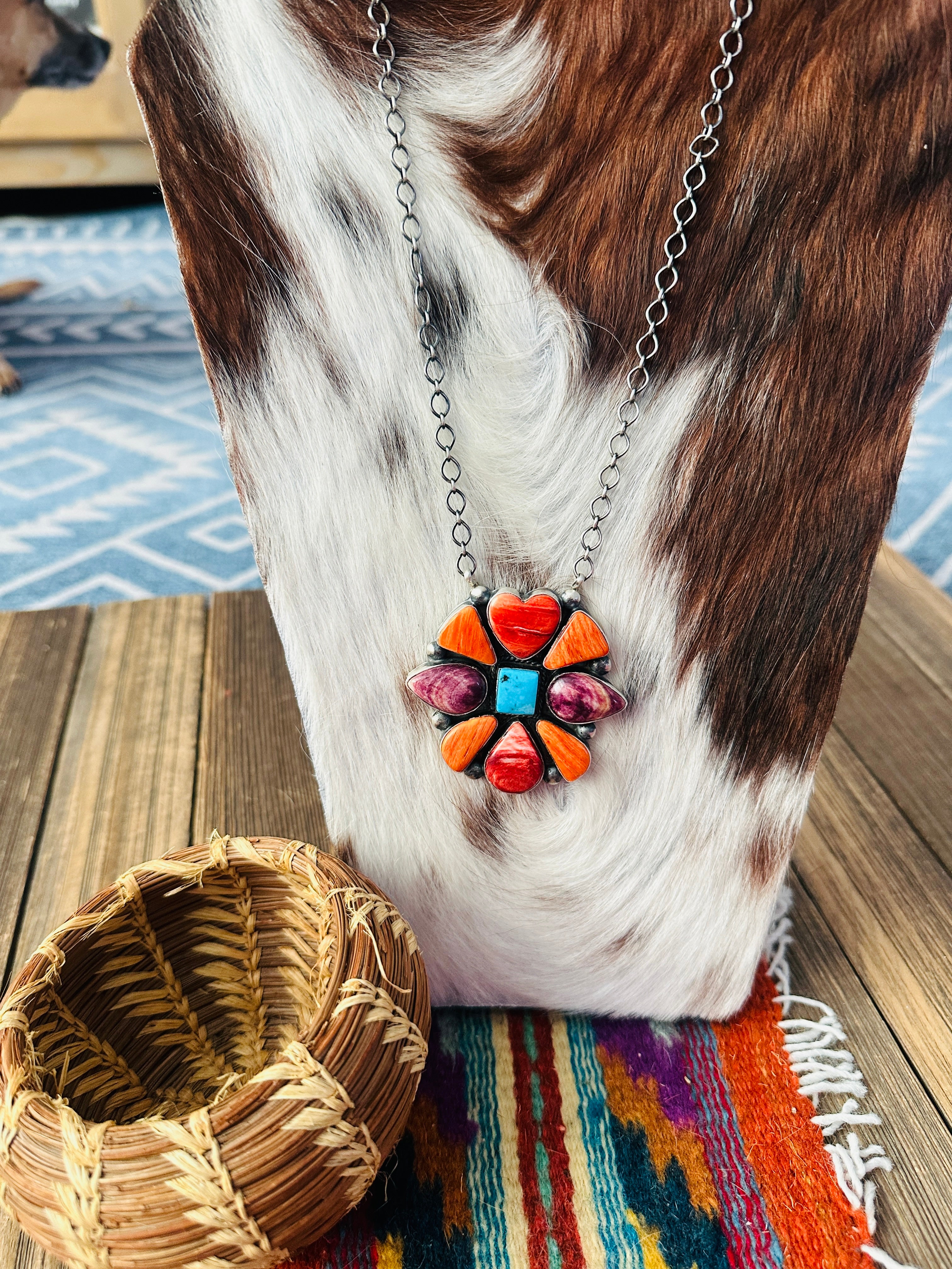 Handcrafted Spiny Oyster, Turquoise & Sterling Silver Necklace by Vicky Hicks