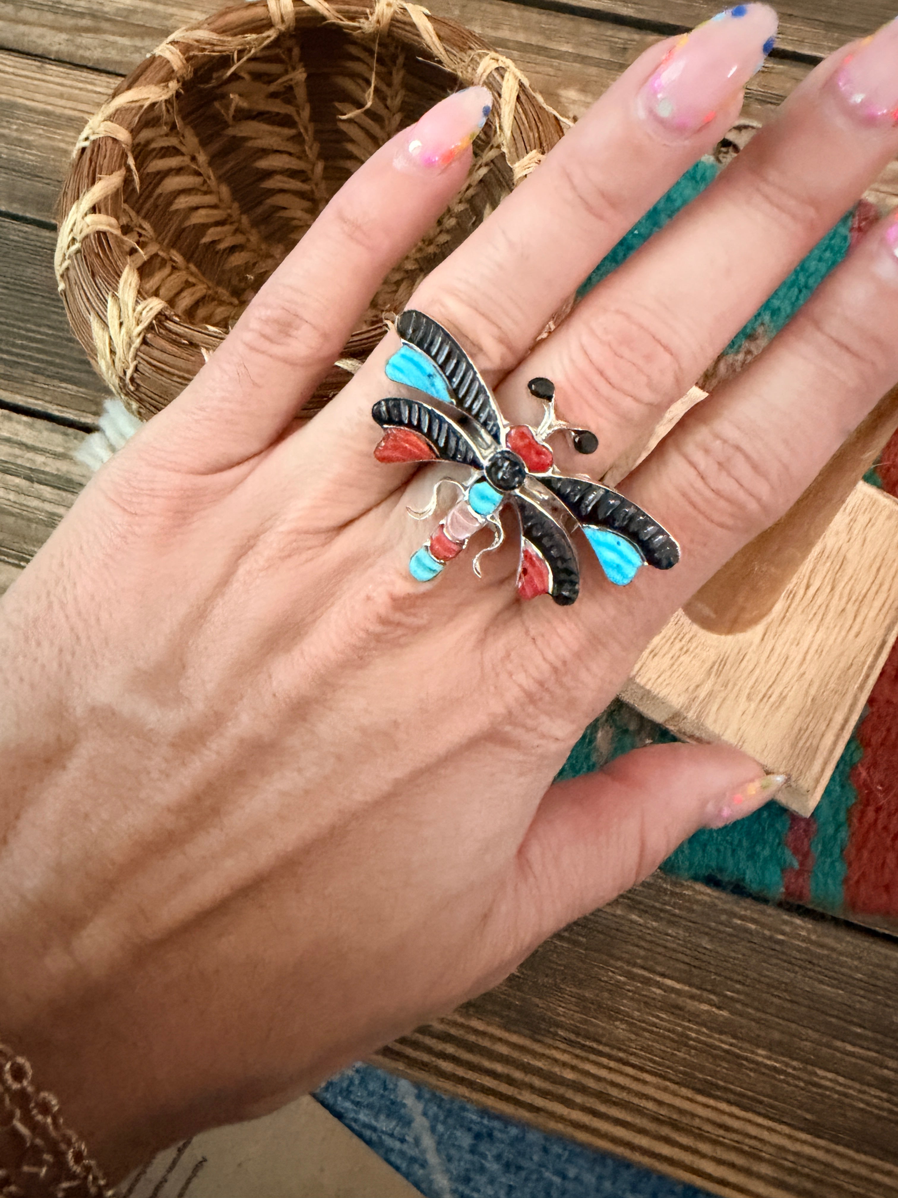 Old Pawn Handcrafted Multi Stone & Sterling Silver Dragonfly Ring Size 5