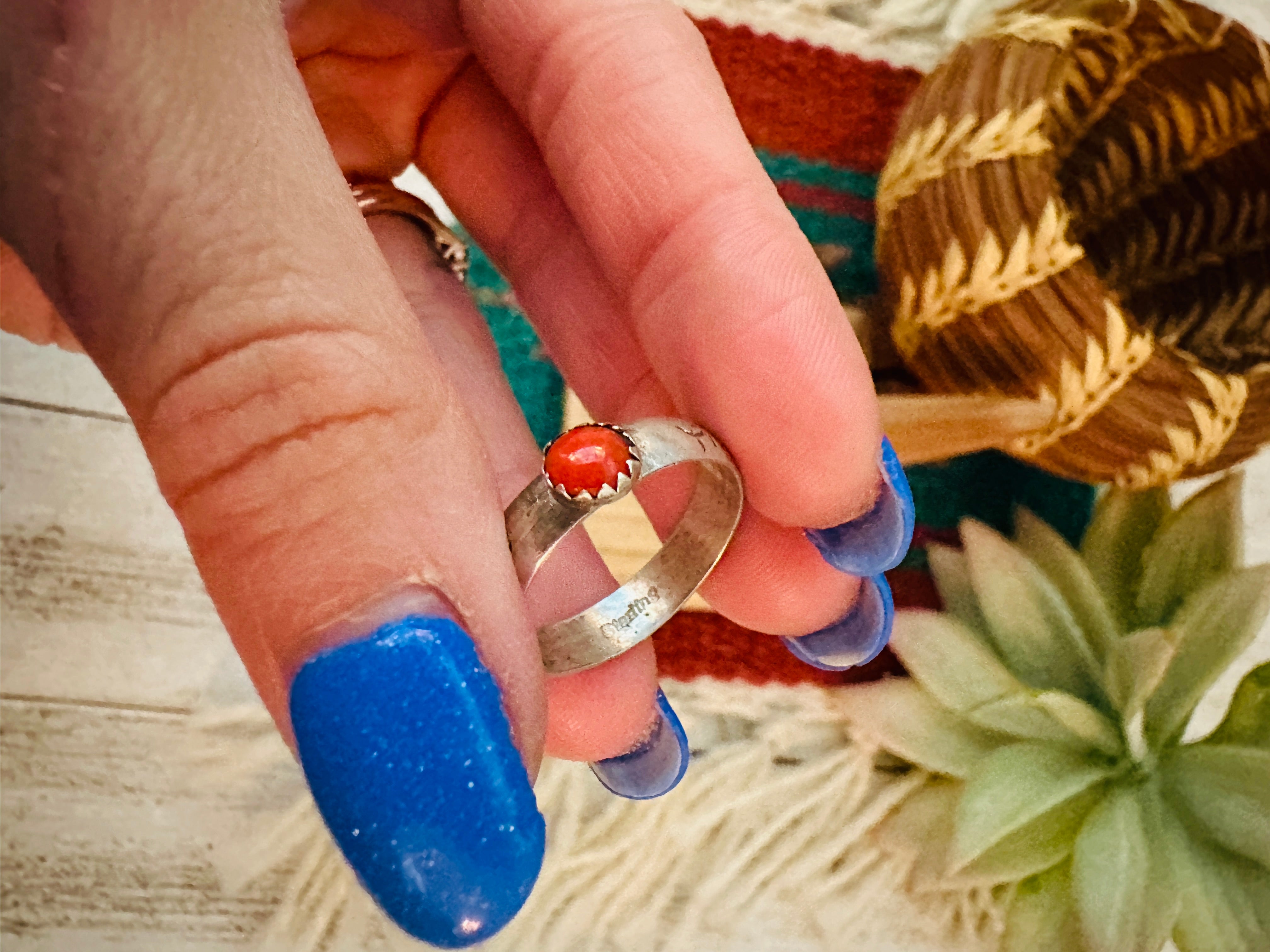 Navajo Sterling Silver & Coral Ring Size 7.5