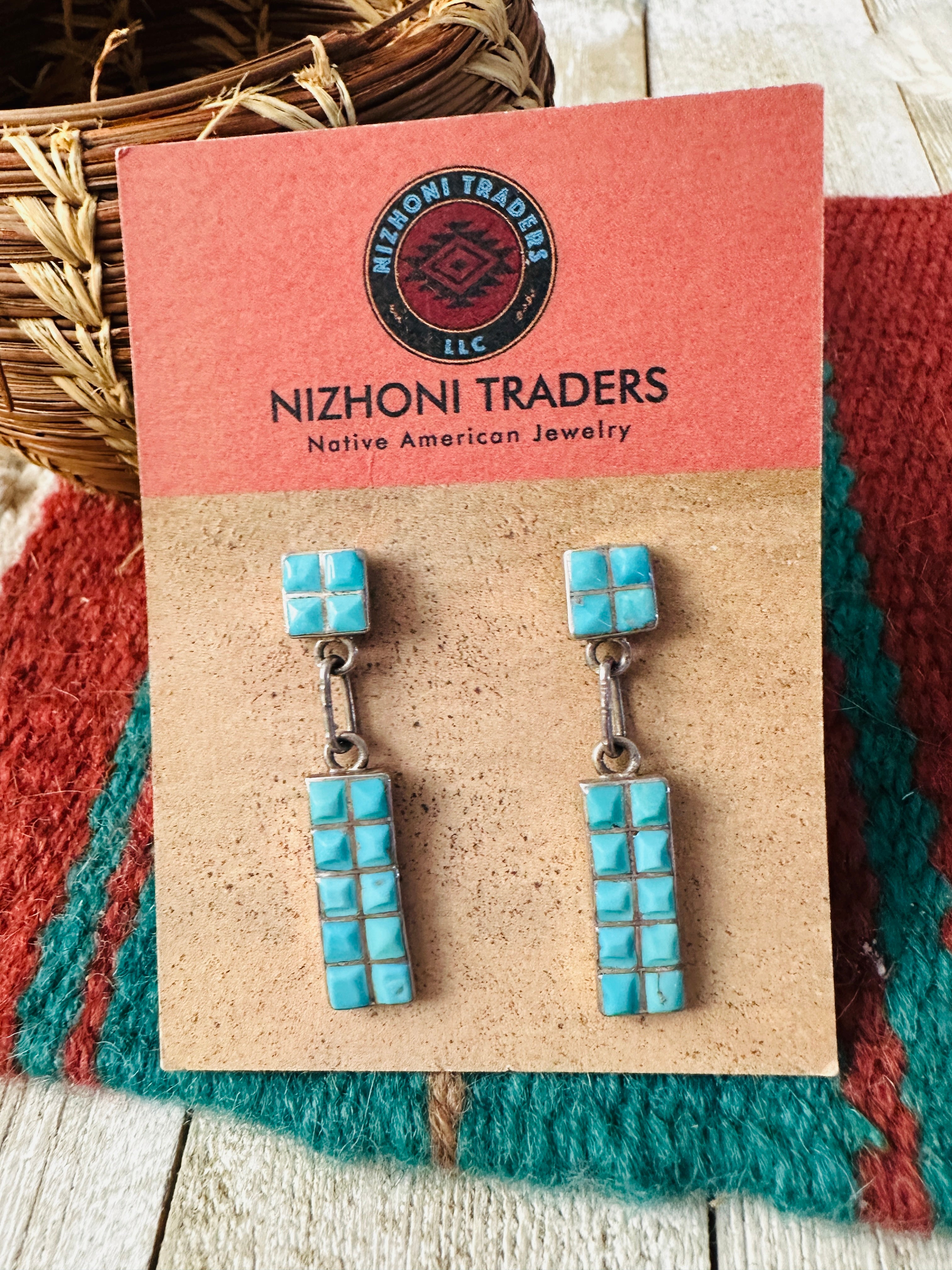 Old Pawn Handcrafted Turquoise & Sterling Silver Inlay Dangle Earrings