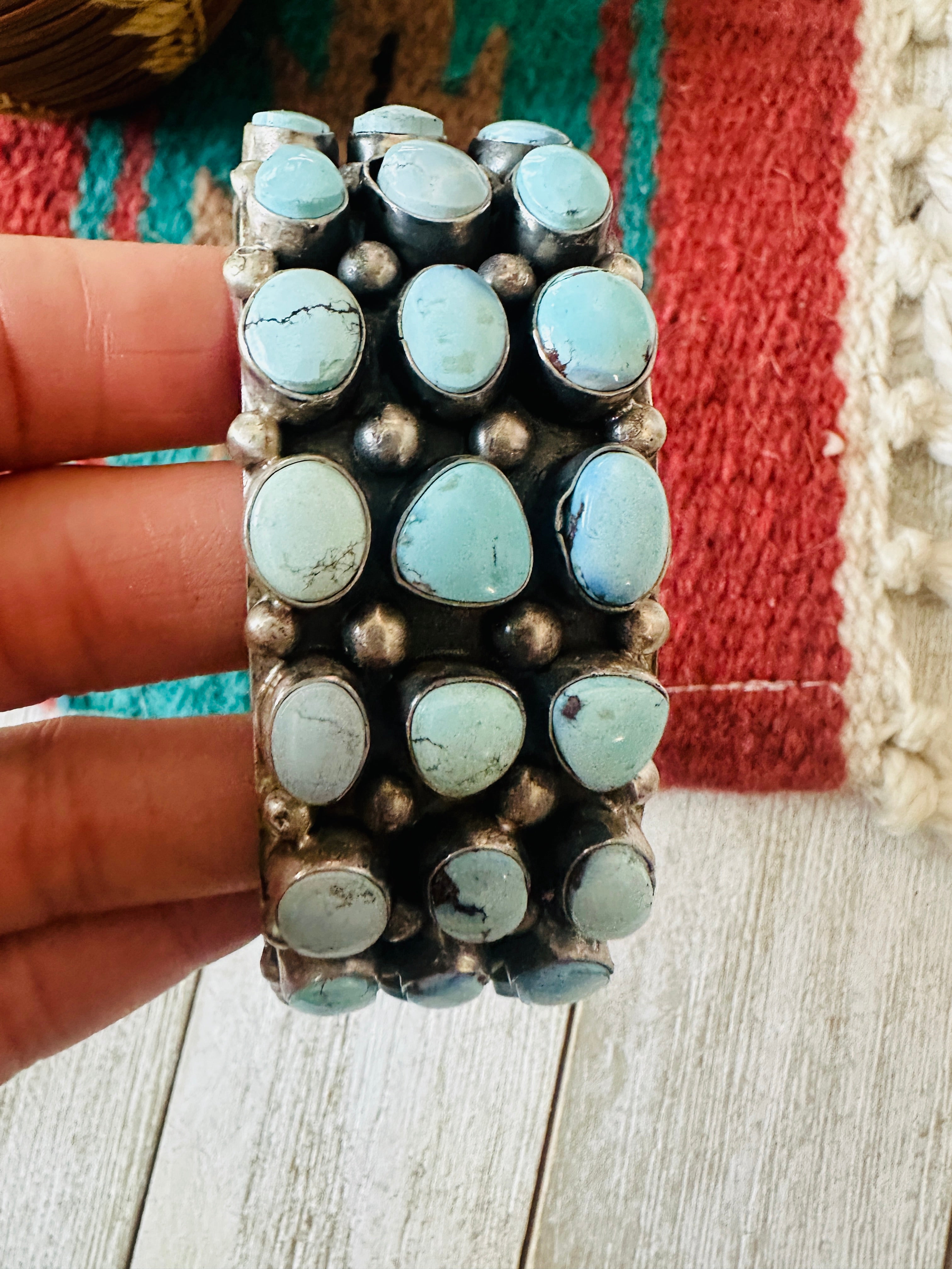 Navajo Sterling Silver & Golden Hills Turquoise Cluster Cuff Bracelet