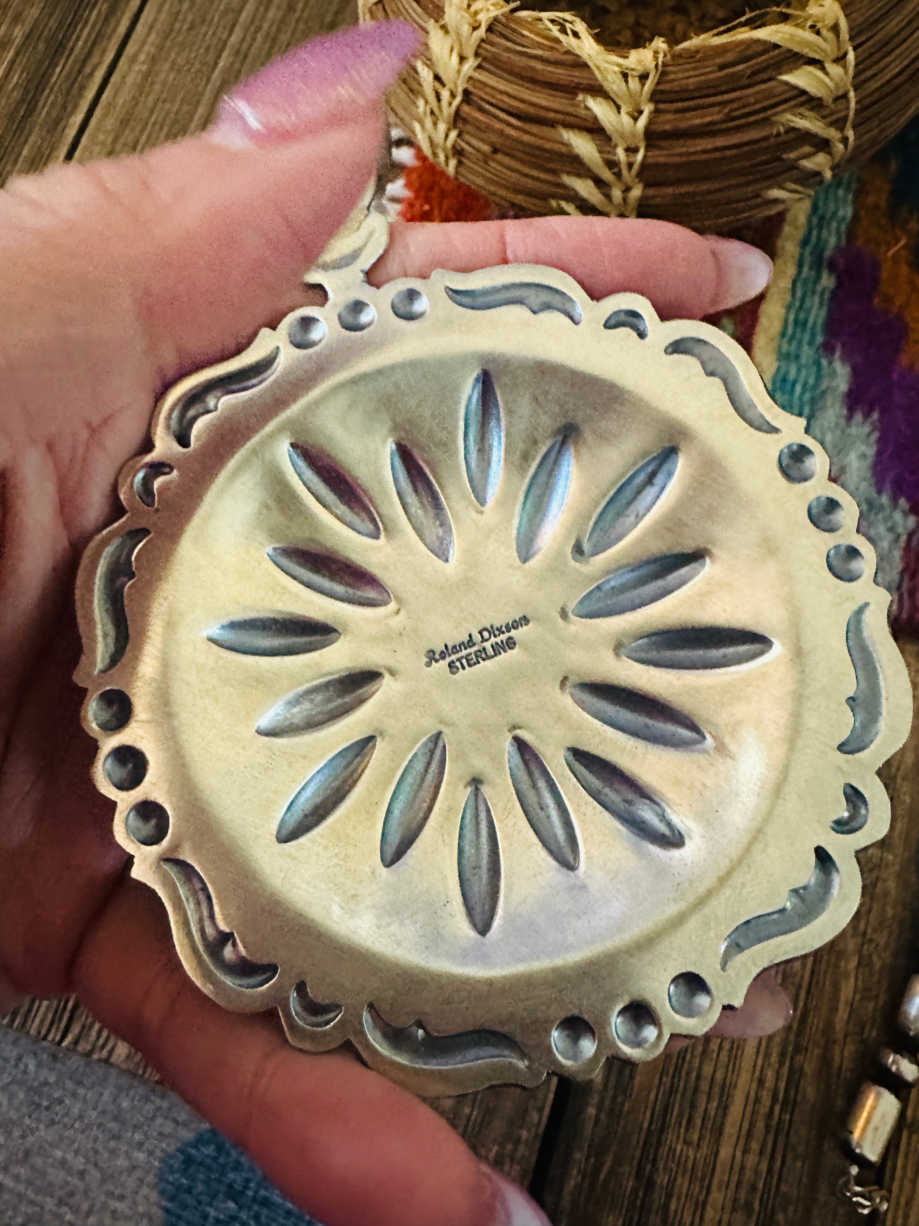 Handcrafted Turquoise & Sterling Silver Concho Pendant by Roland Dixson