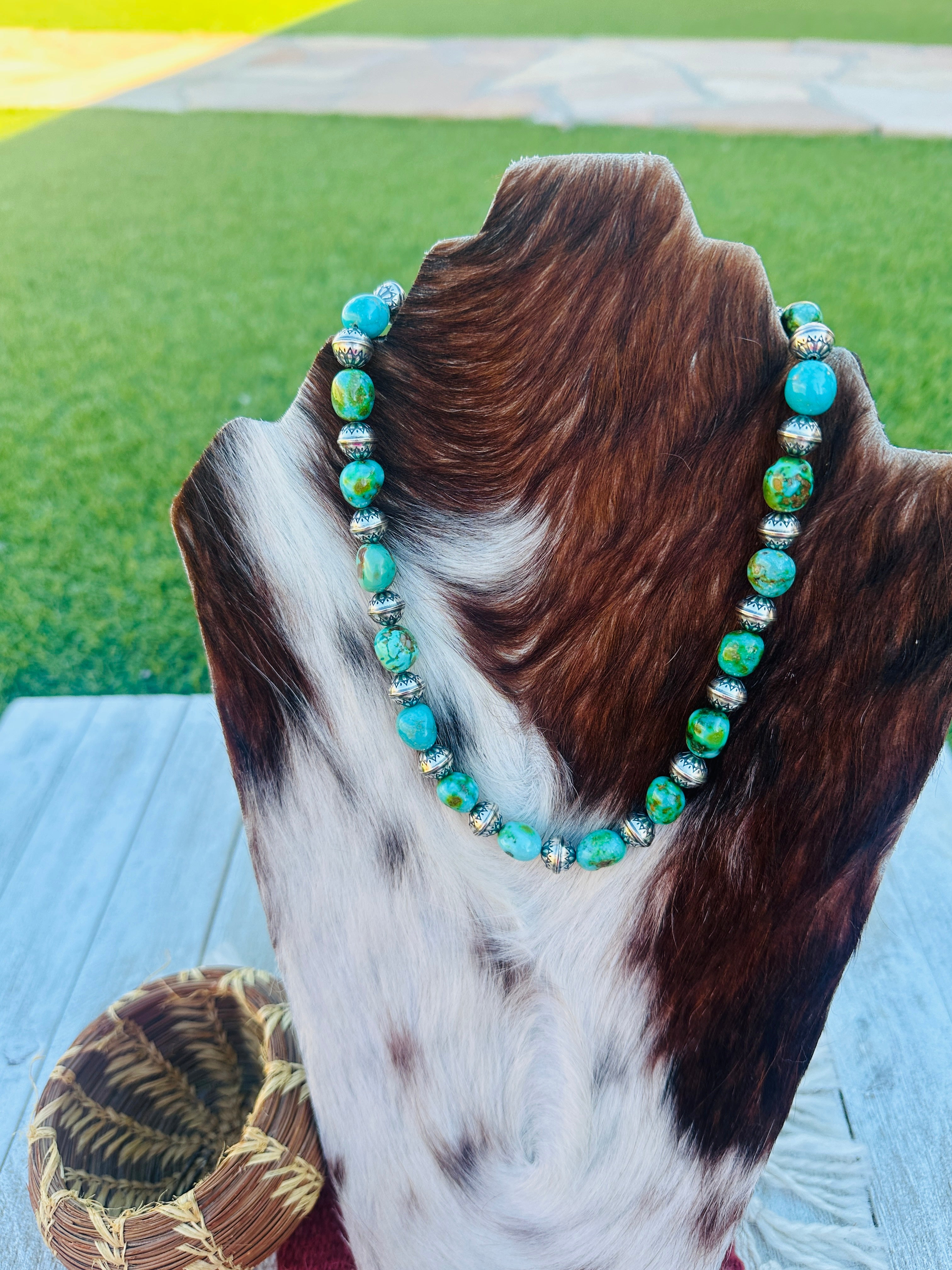 Handcrafted Sonoran Mountain Turquoise & Sterling Silver Pearl Beaded Necklace 16”