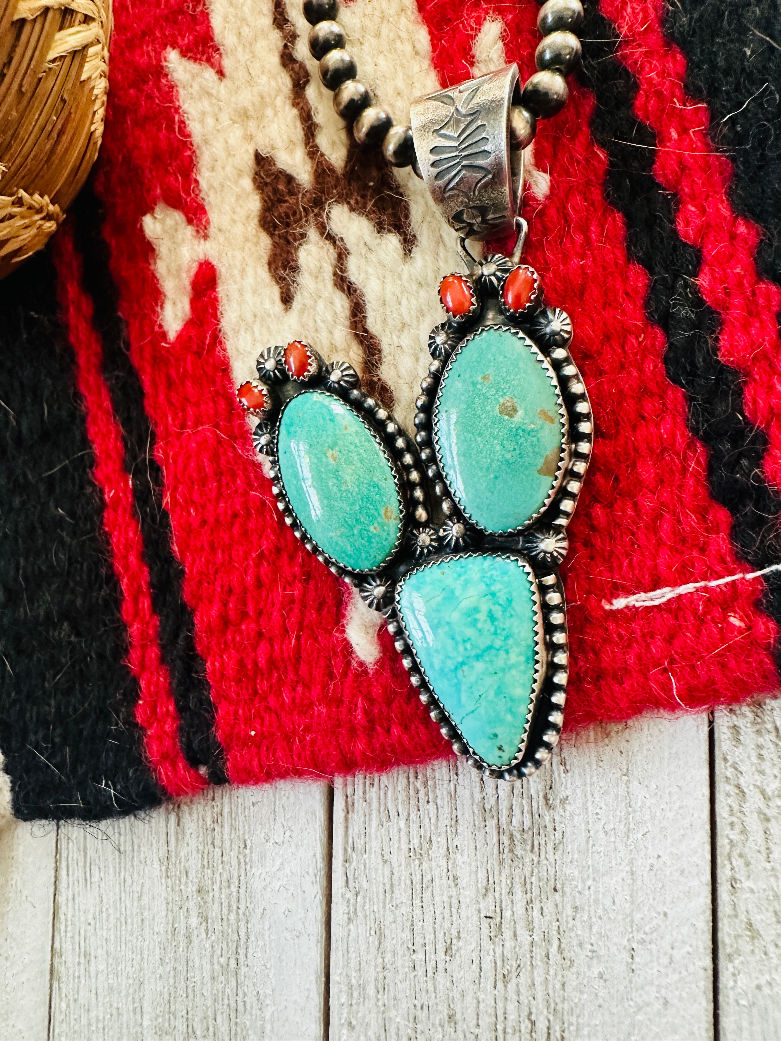 Navajo Turquoise, Coral and Sterling Silver Cactus Pendant