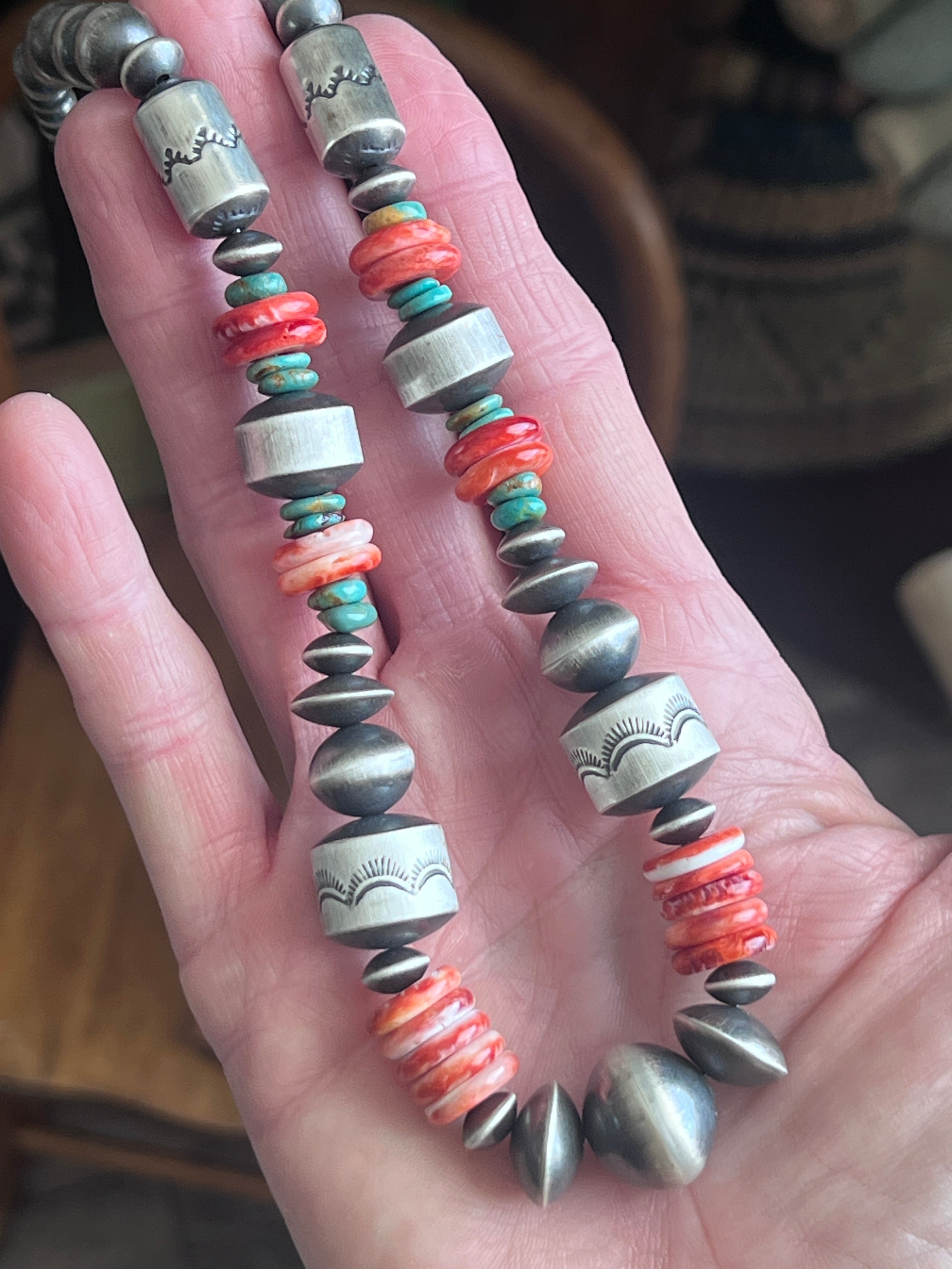 Chunky Sterling Silver, Red Spiny Oyster & Turquoise Single Strand Beaded Necklace by Rose Martin, 20” + 1”