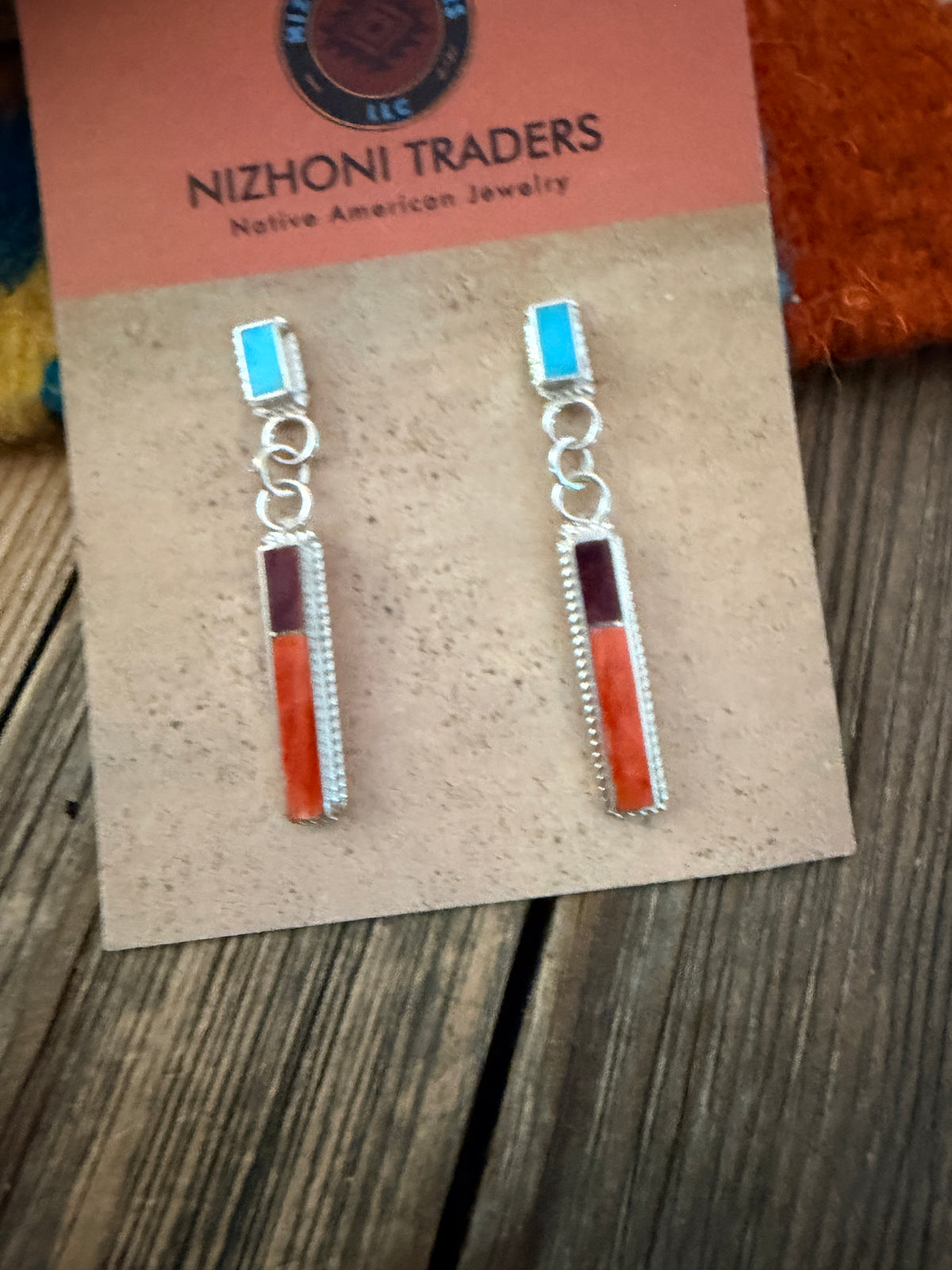 Handcrafted Spiny Oyster, Turquoise & Sterling Silver Inlay Dangle Earrings